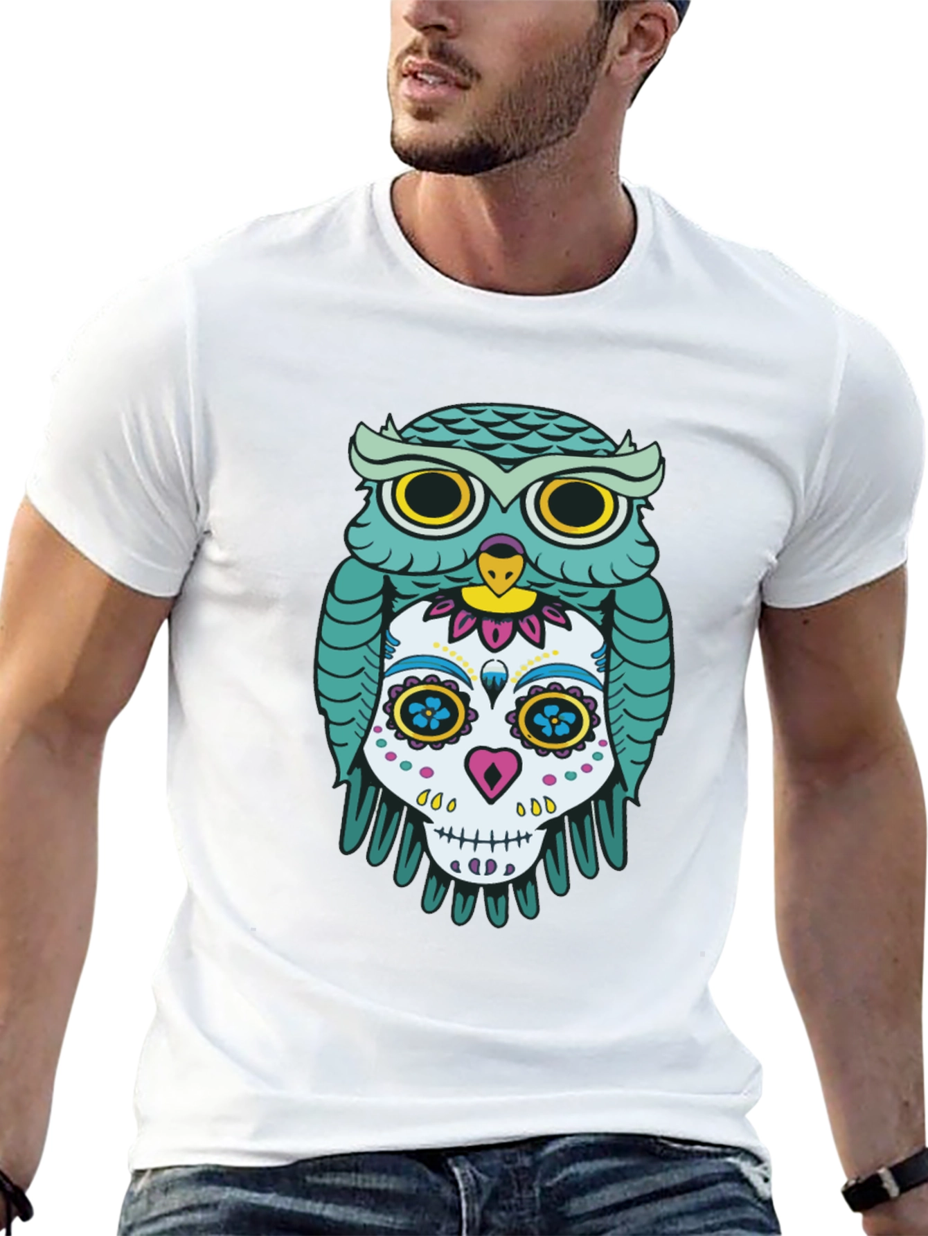 Owl and Skull Graphic Print Black T-Shirt