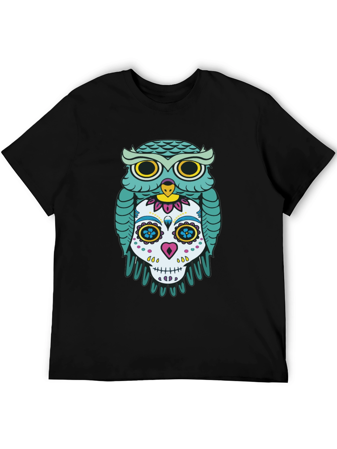 Owl and Skull Graphic Print Black T-Shirt