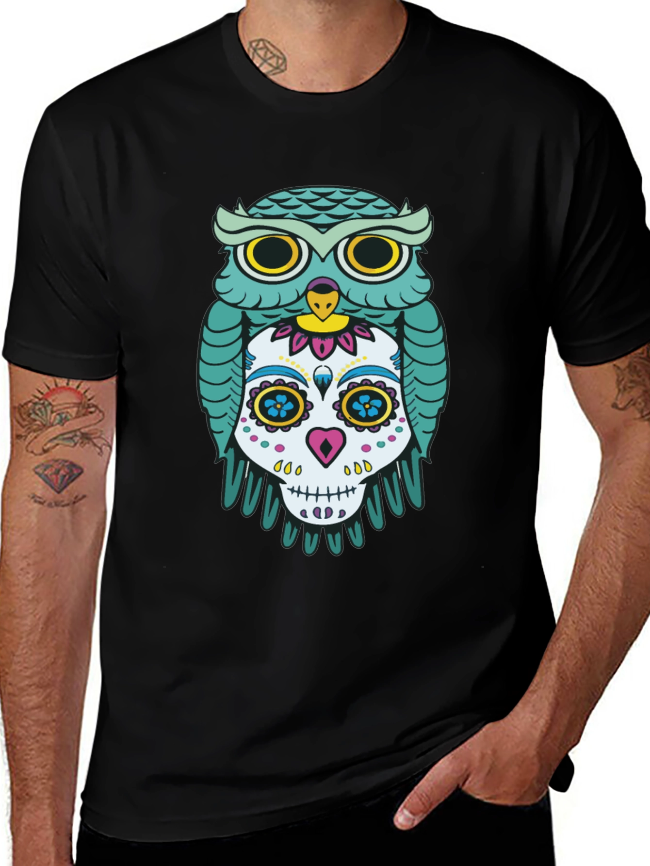 Owl and Skull Graphic Print Black T-Shirt