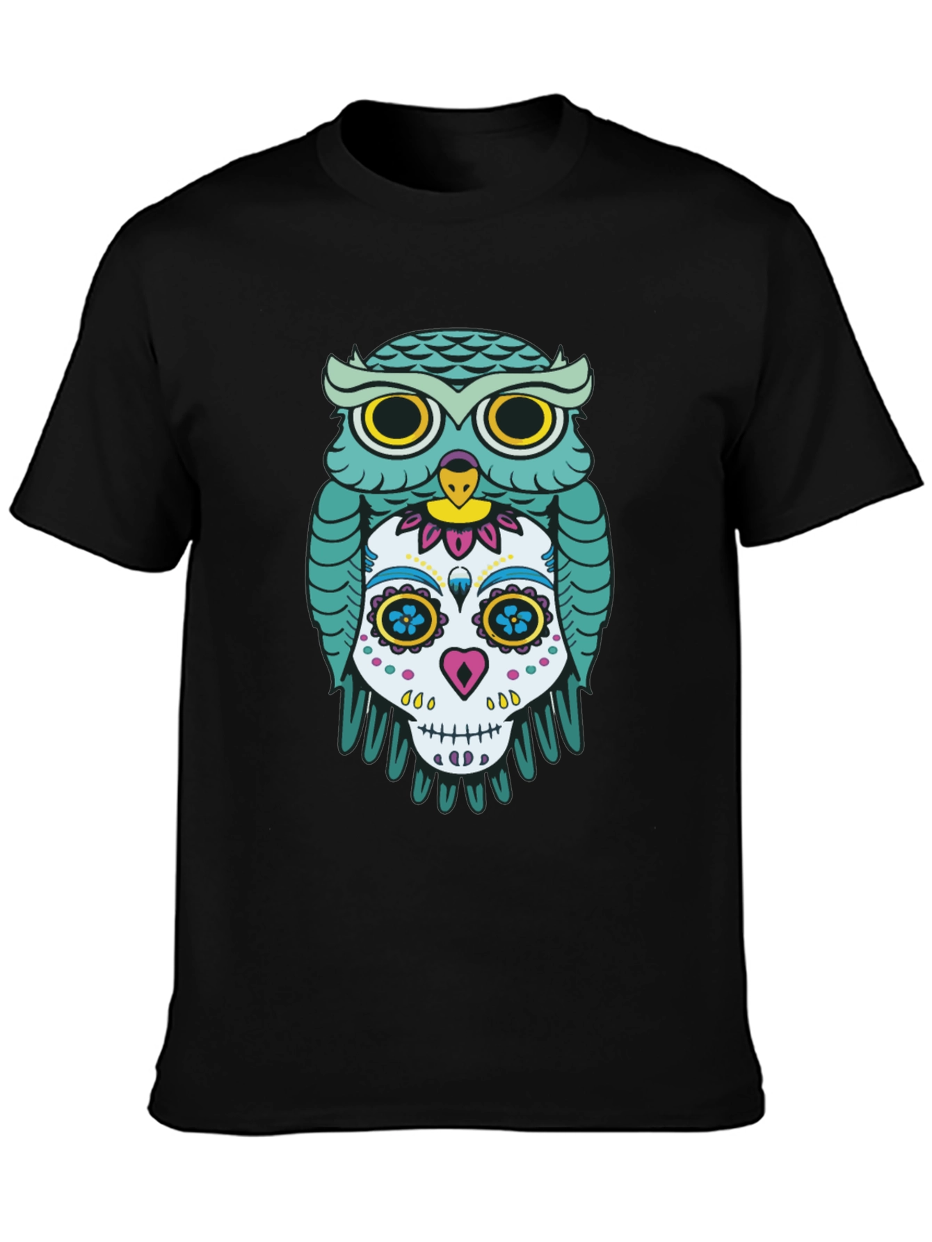 Owl and Skull Graphic Print Black T-Shirt