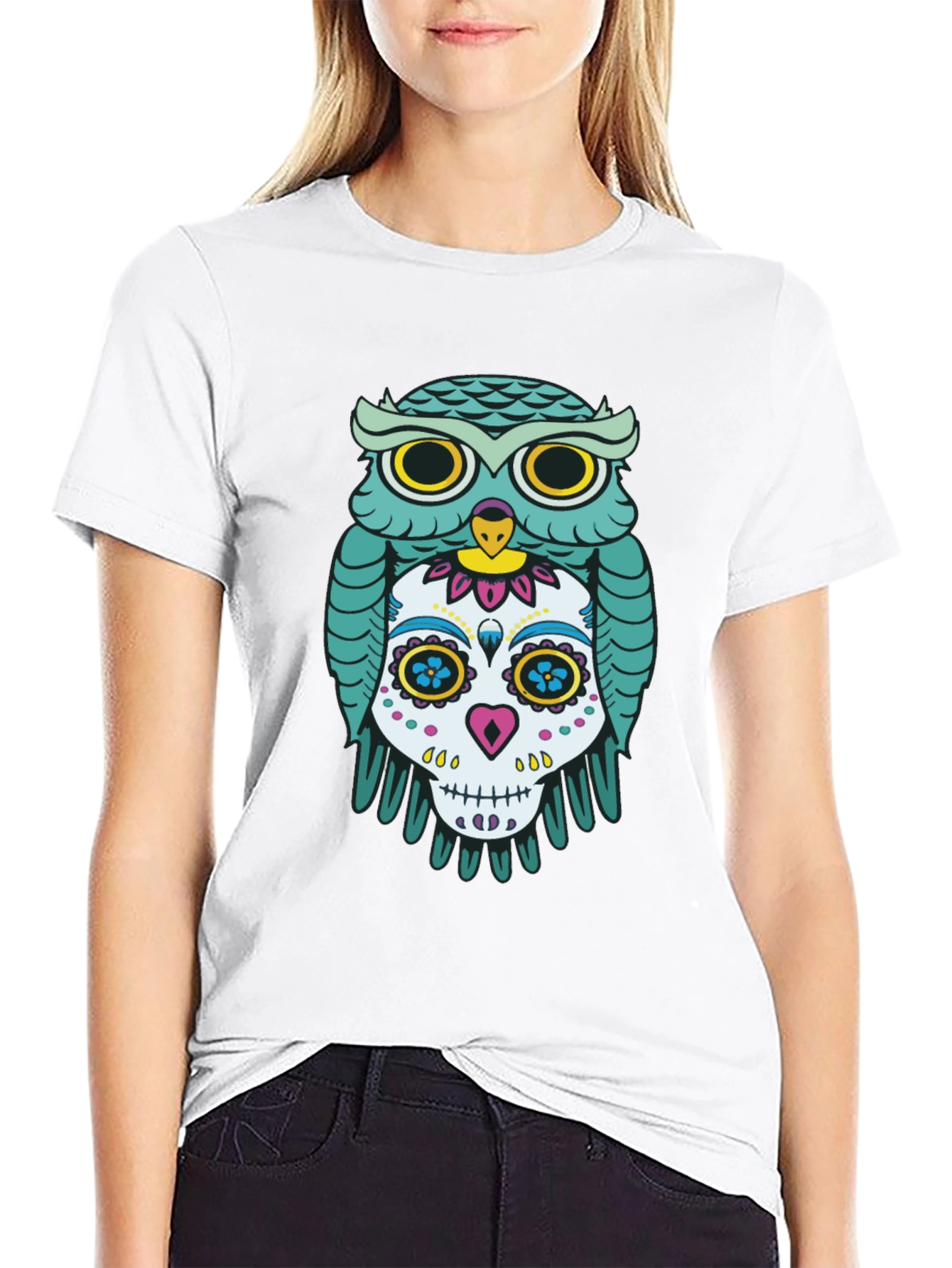 Owl and Skull Graphic Print Black T-Shirt