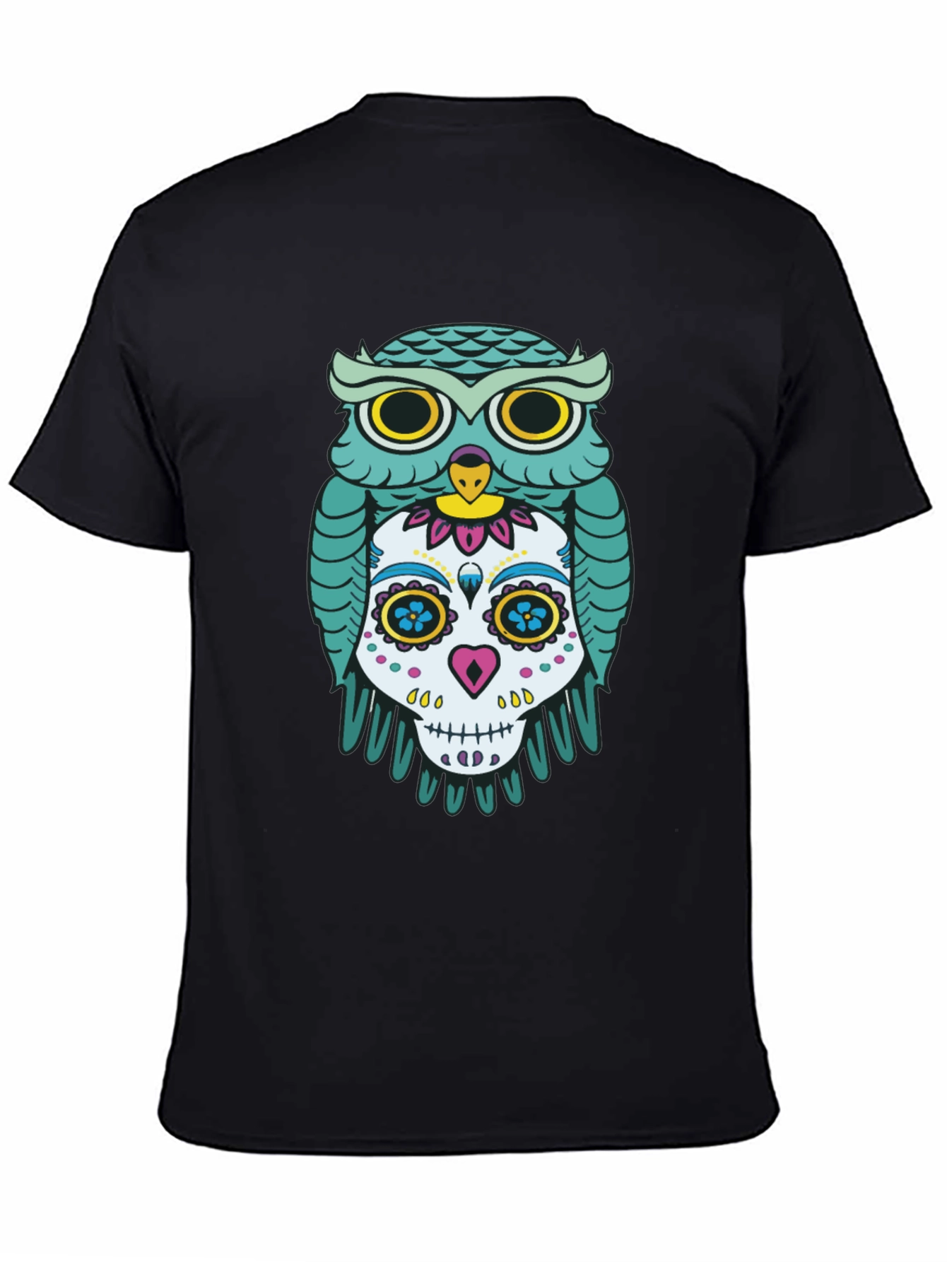 Owl and Skull Graphic Print Black T-Shirt
