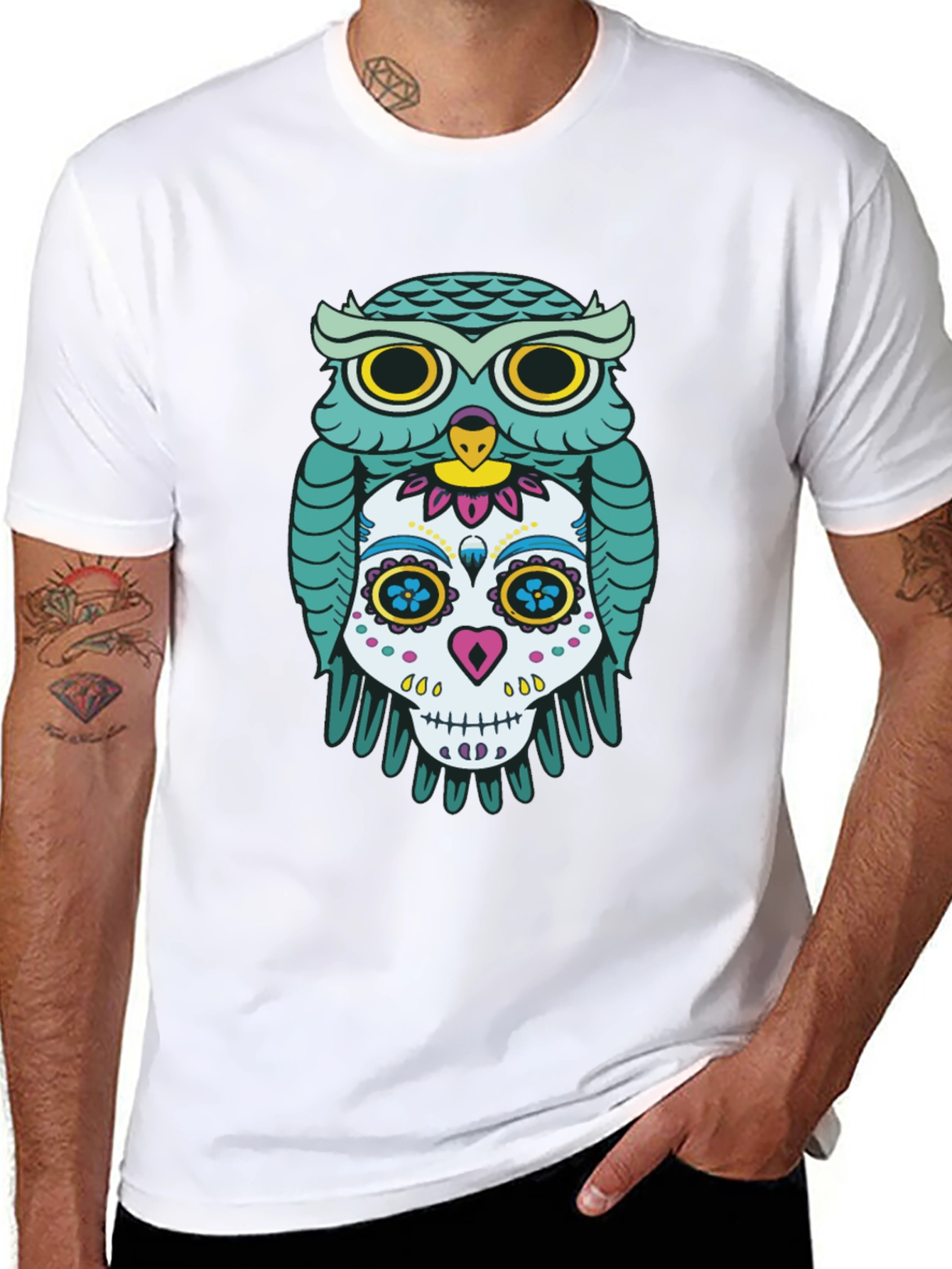 Owl and Skull Graphic Print Black T-Shirt