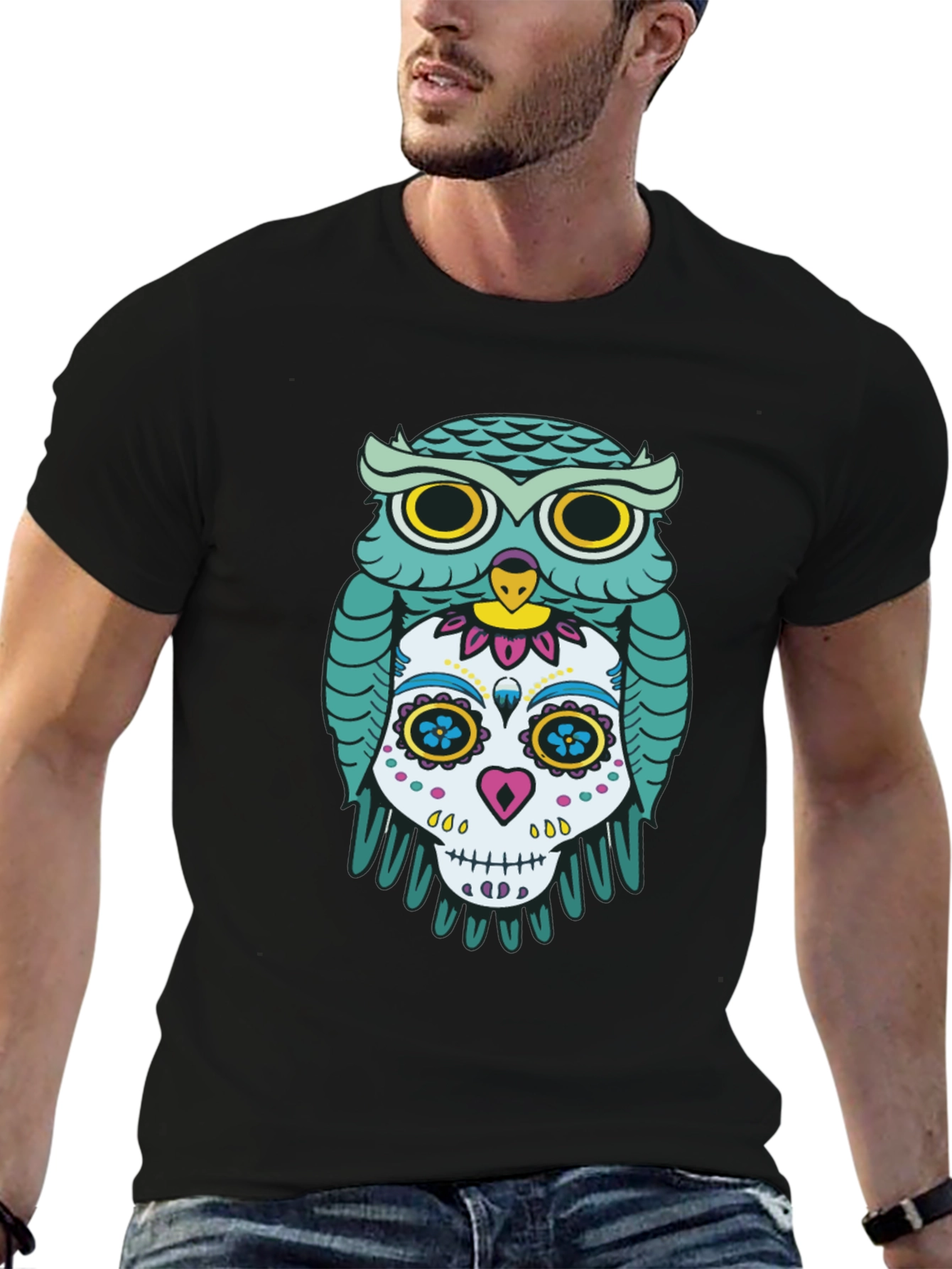 Owl and Skull Graphic Print Black T-Shirt
