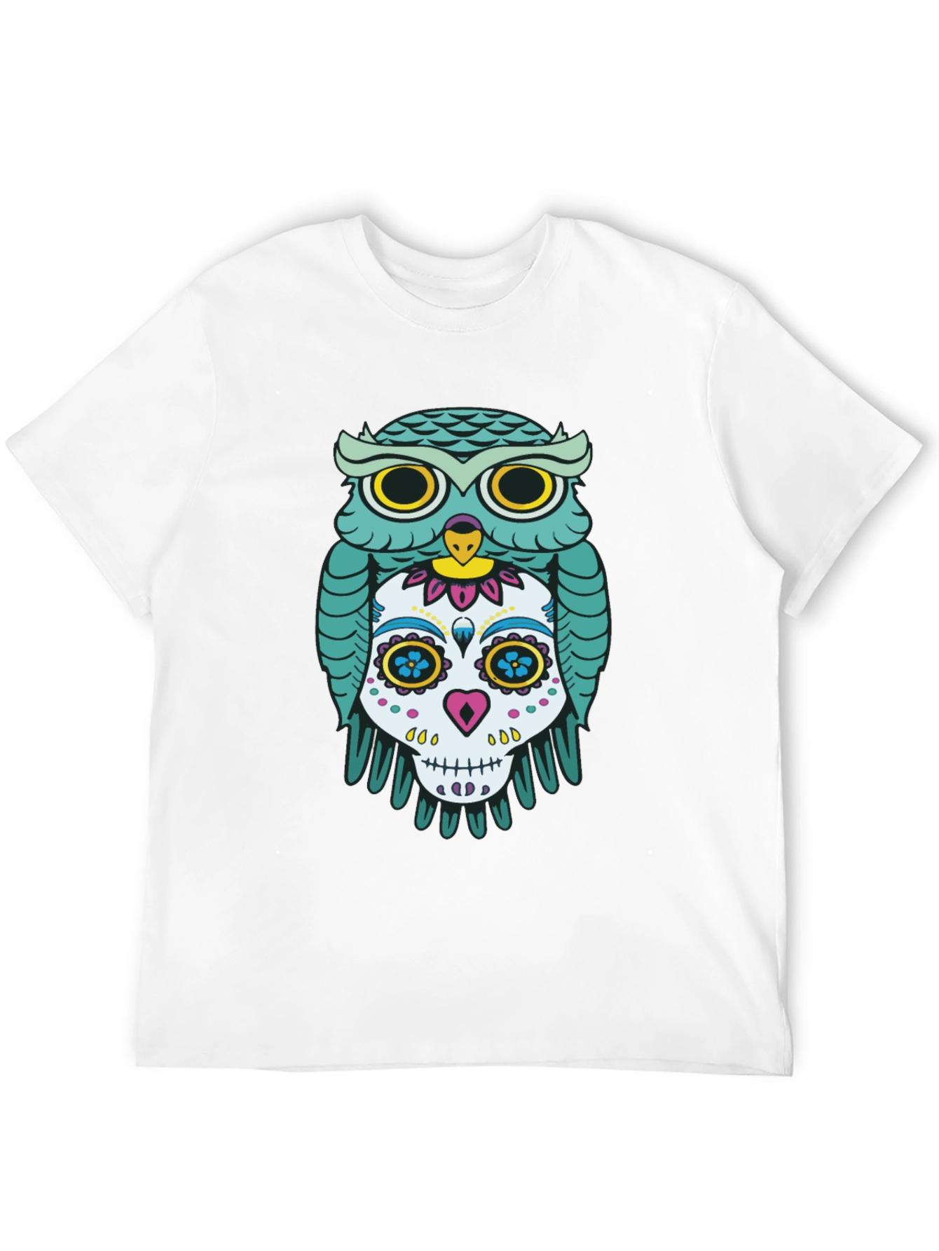 Owl and Skull Graphic Print Black T-Shirt