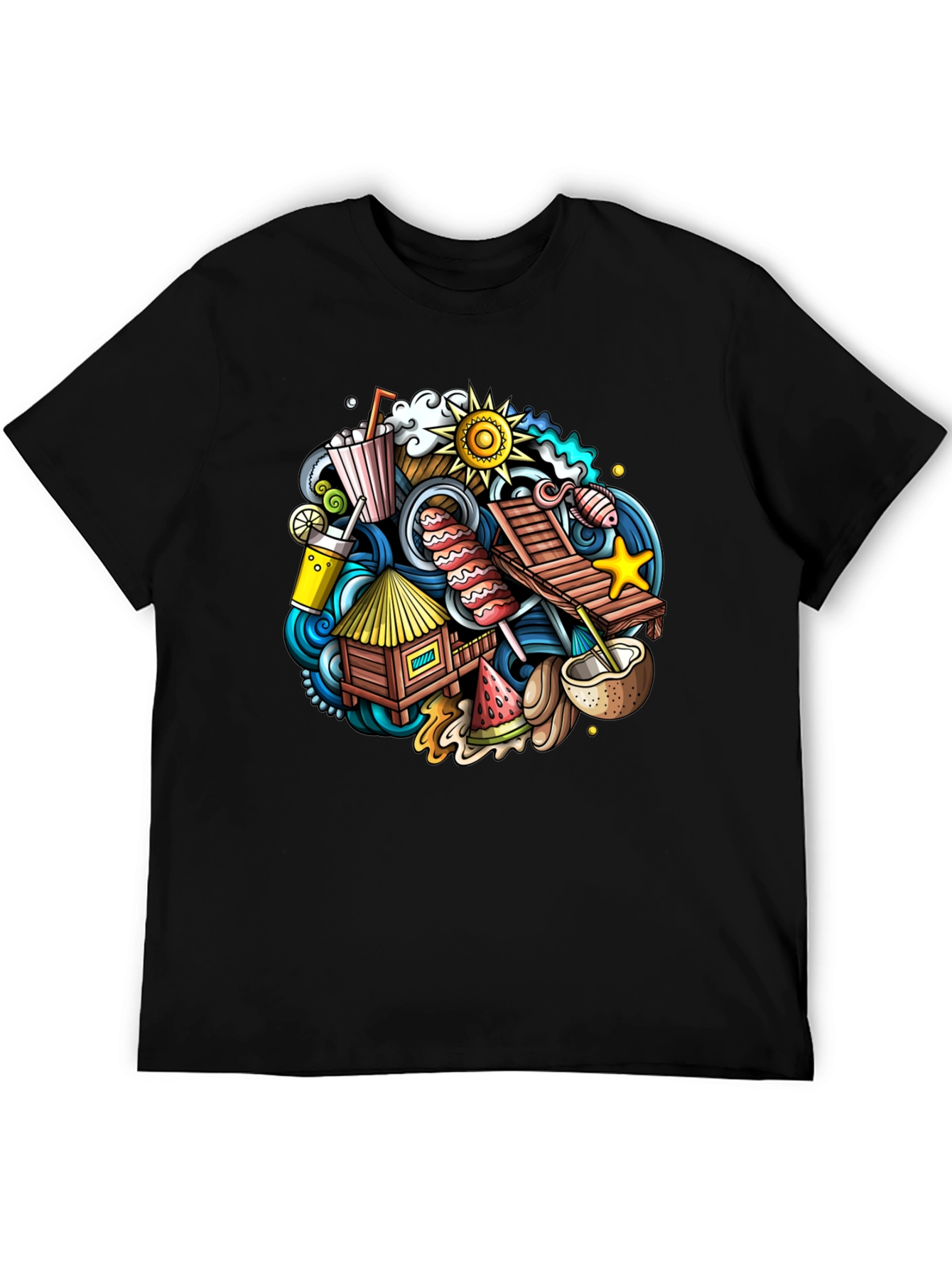 Tropical Summer Doodle Black T-Shirt