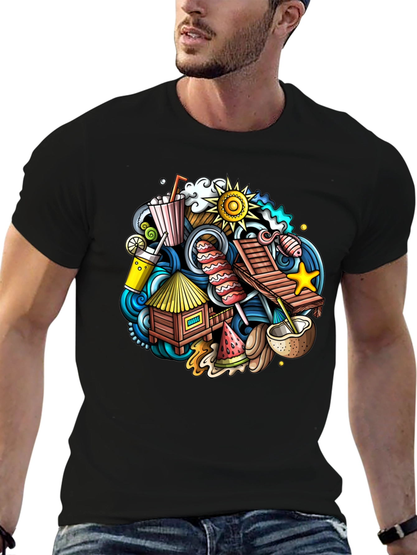 Tropical Summer Doodle Black T-Shirt