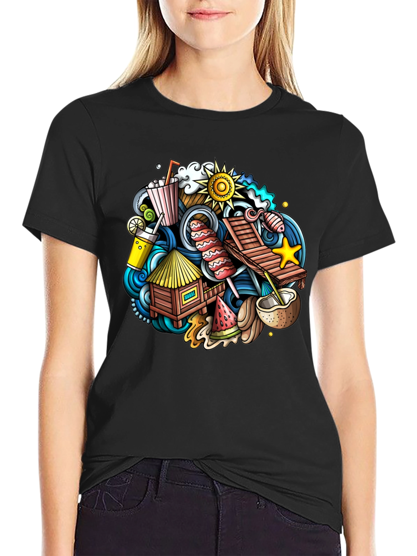Tropical Summer Doodle Black T-Shirt