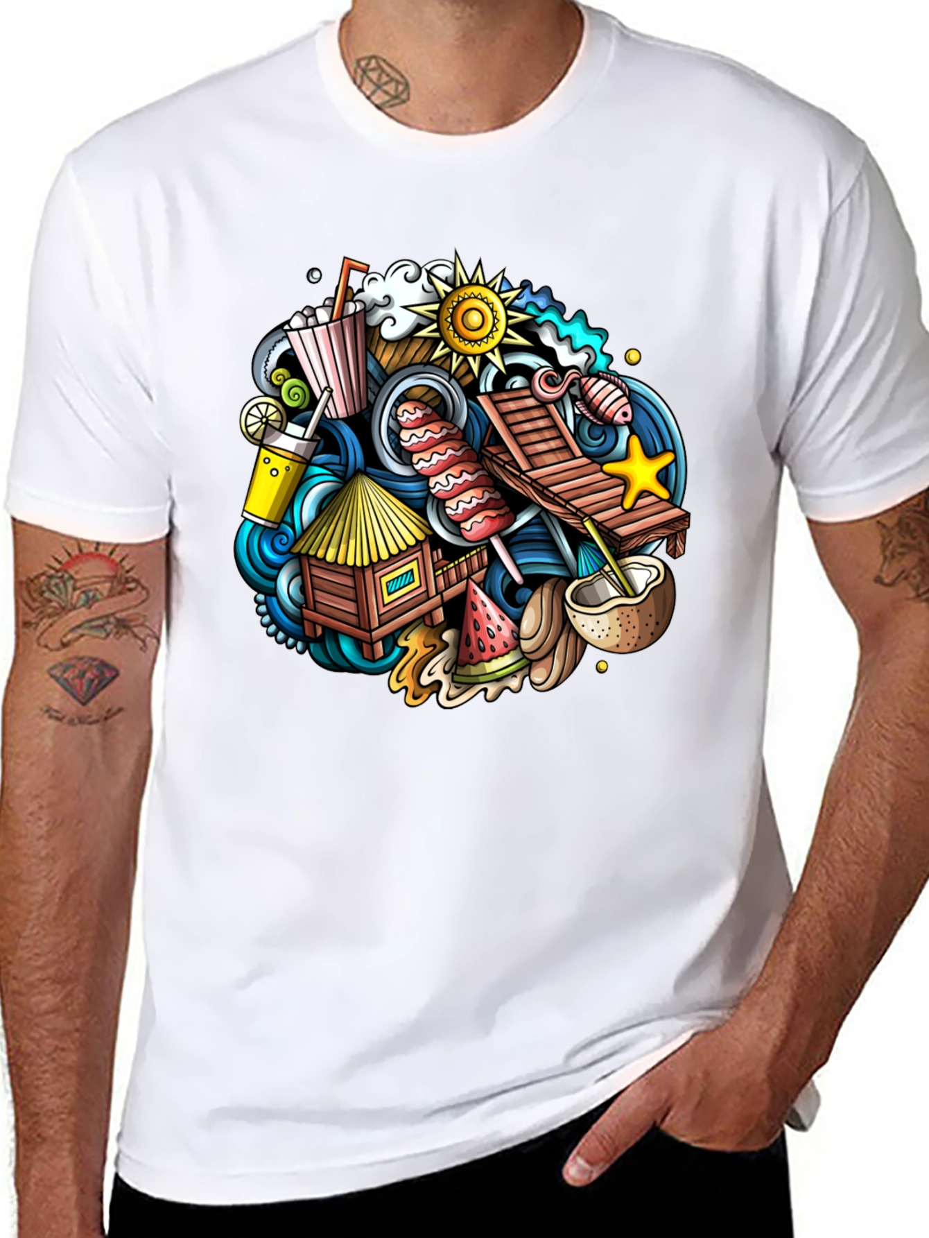 Tropical Summer Doodle Black T-Shirt