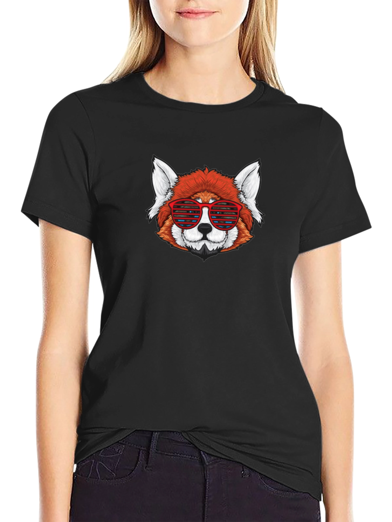 Red Panda Sunglasses Black T-Shirt