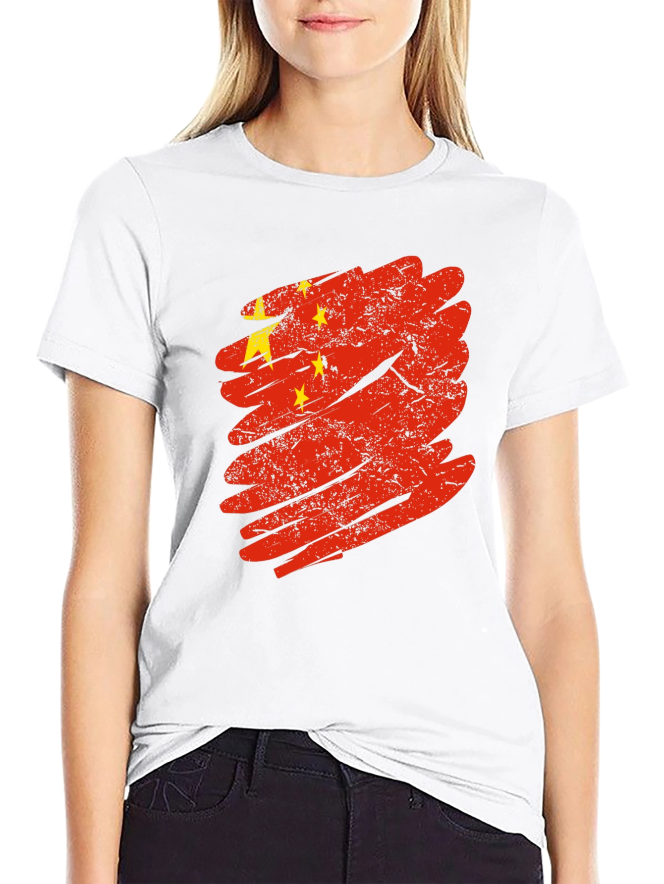 China Flag Brushstroke Graphic Tee - Black Cotton T-Shirt