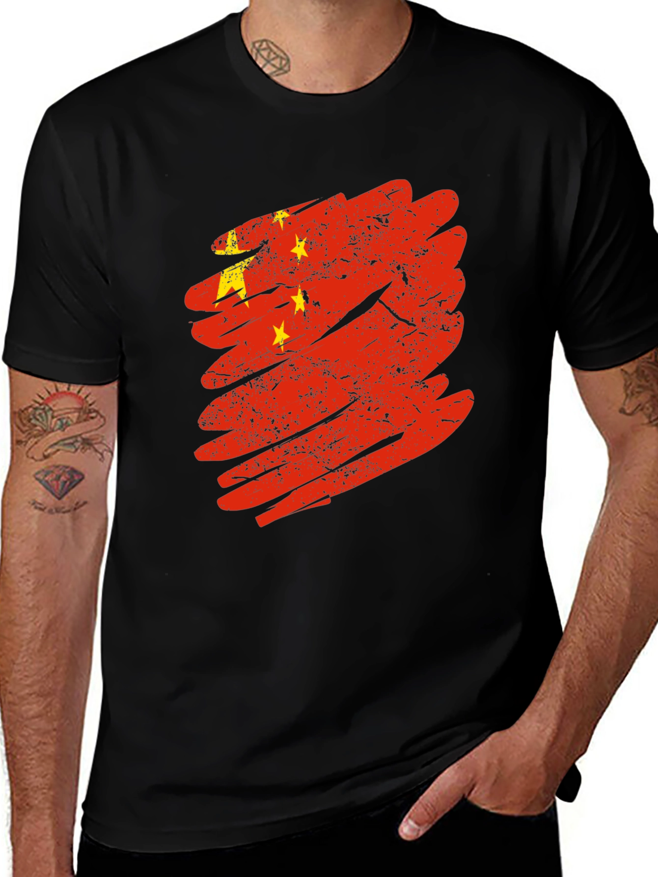 China Flag Brushstroke Graphic Tee - Black Cotton T-Shirt