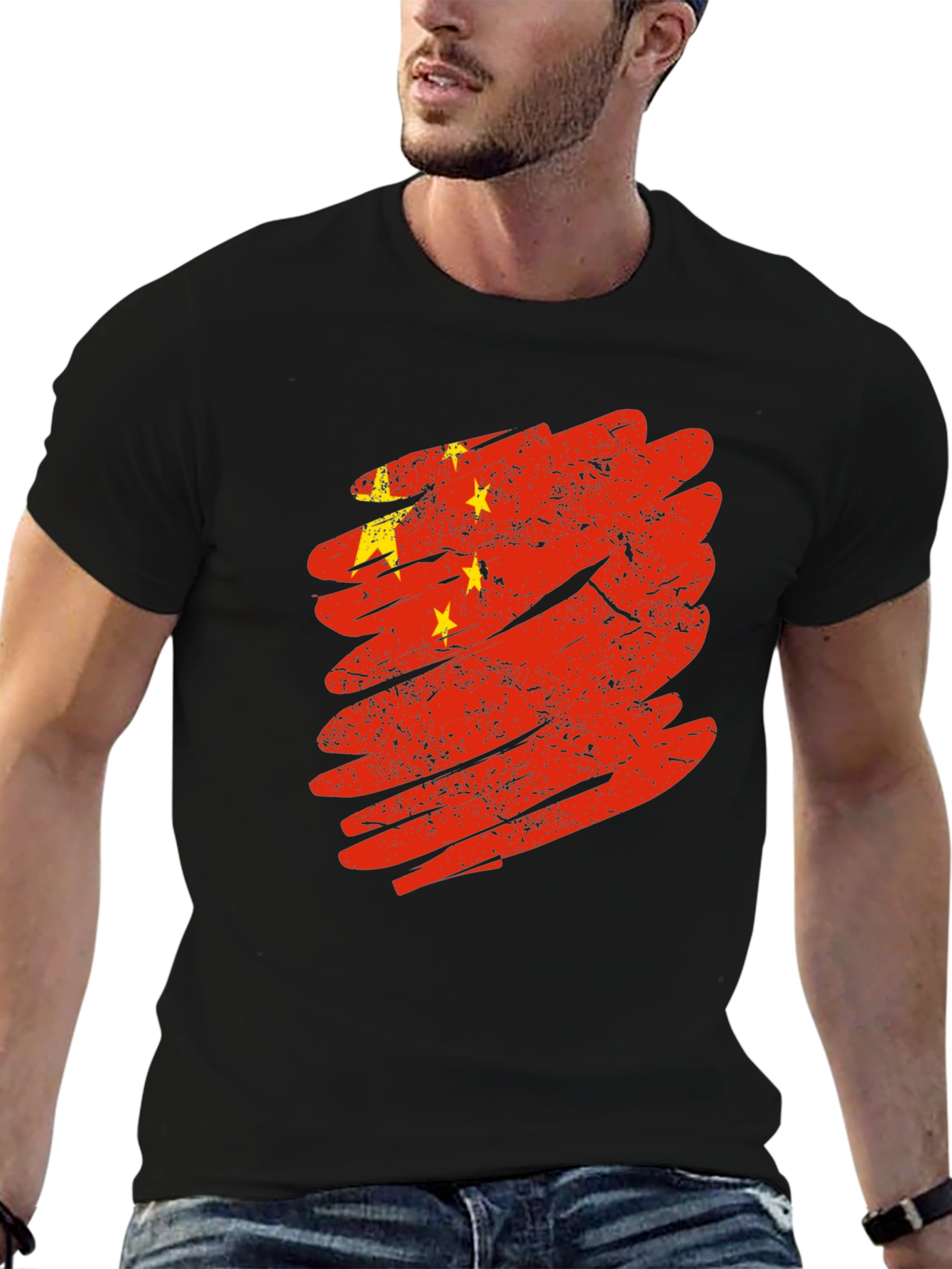 China Flag Brushstroke Graphic Tee - Black Cotton T-Shirt
