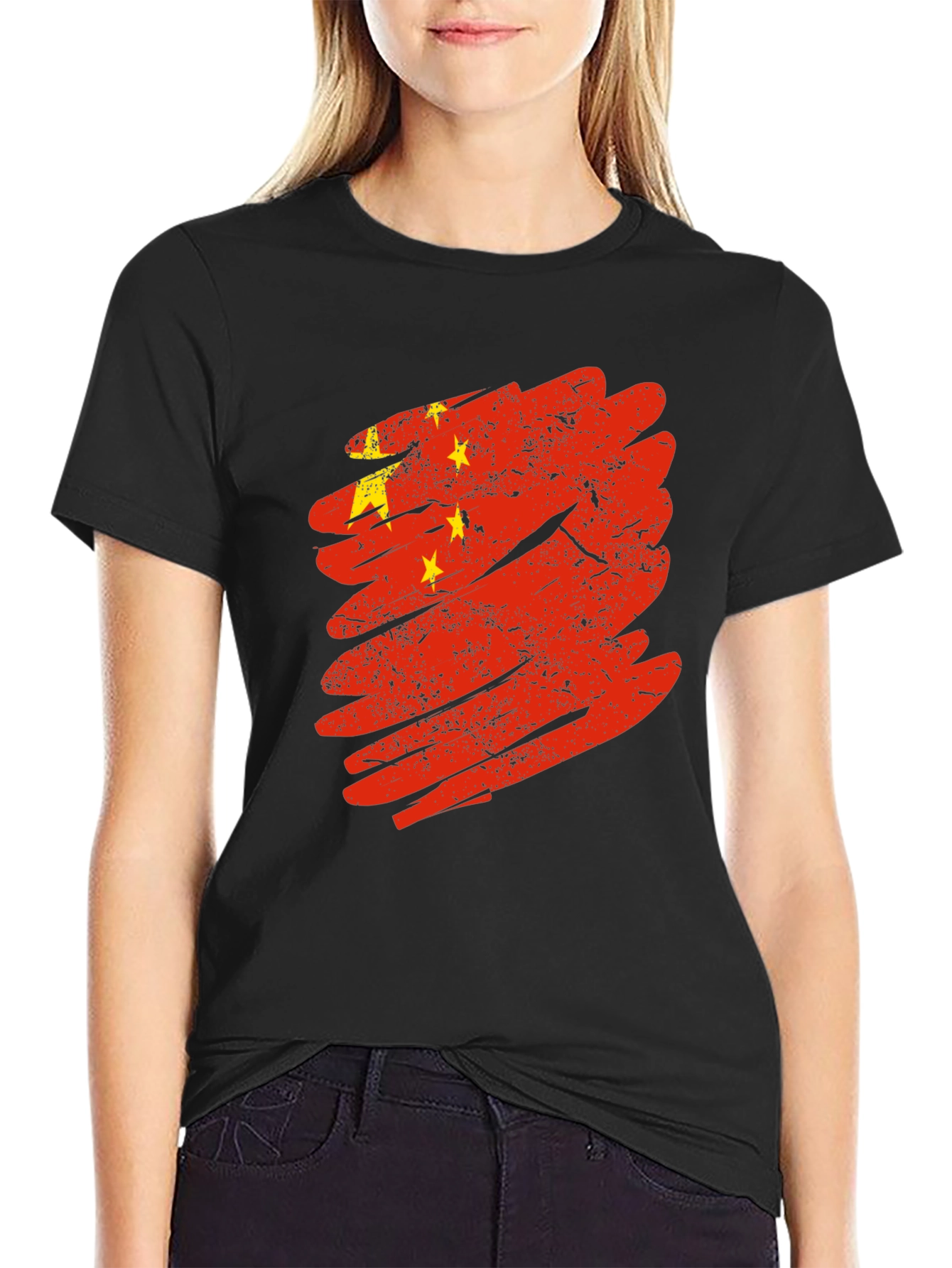 China Flag Brushstroke Graphic Tee - Black Cotton T-Shirt