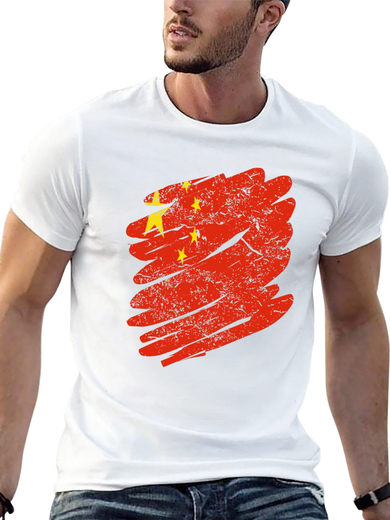 China Flag Brushstroke Graphic Tee - Black Cotton T-Shirt