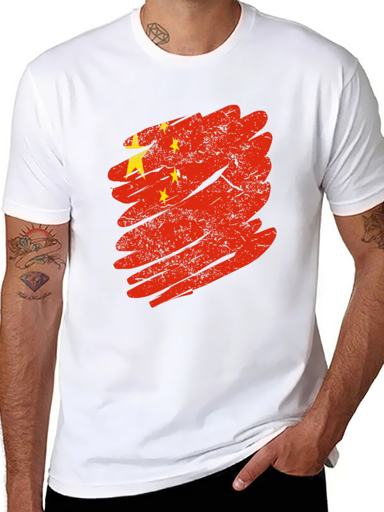 China Flag Brushstroke Graphic Tee - Black Cotton T-Shirt