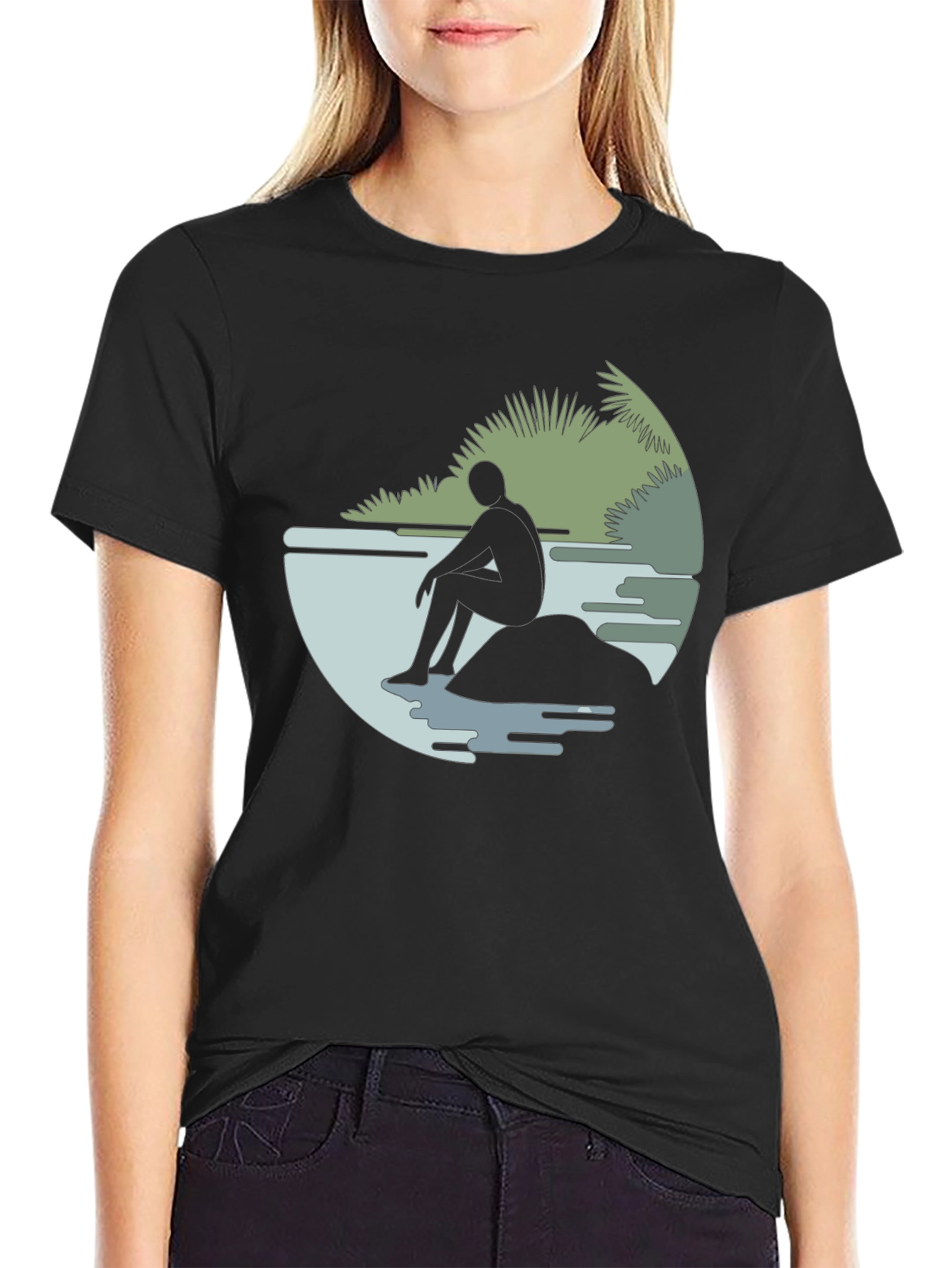 Contemplative Silhouette Graphic Tee - Black