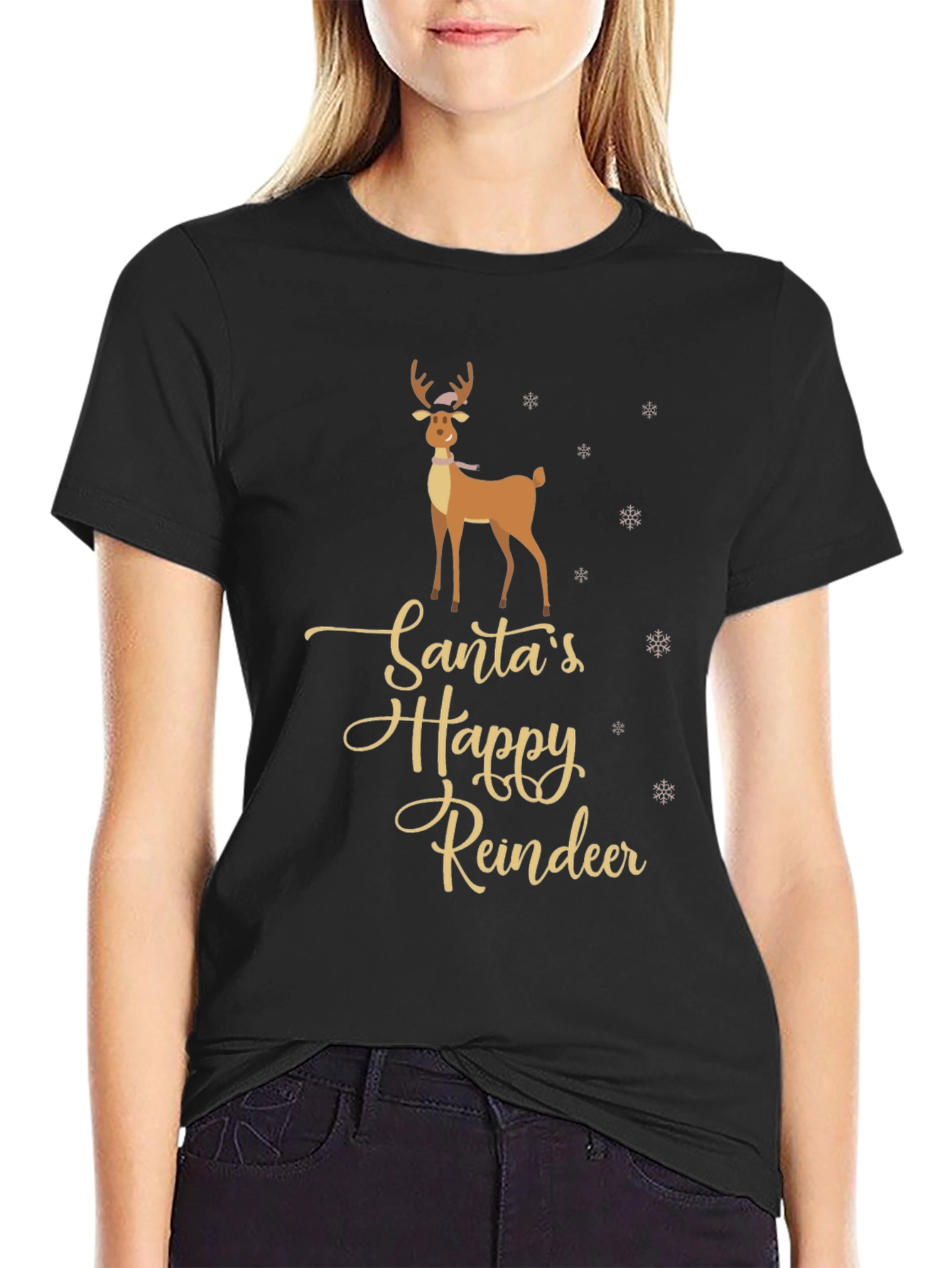 Santas Happy Reindeer Graphic T-Shirt