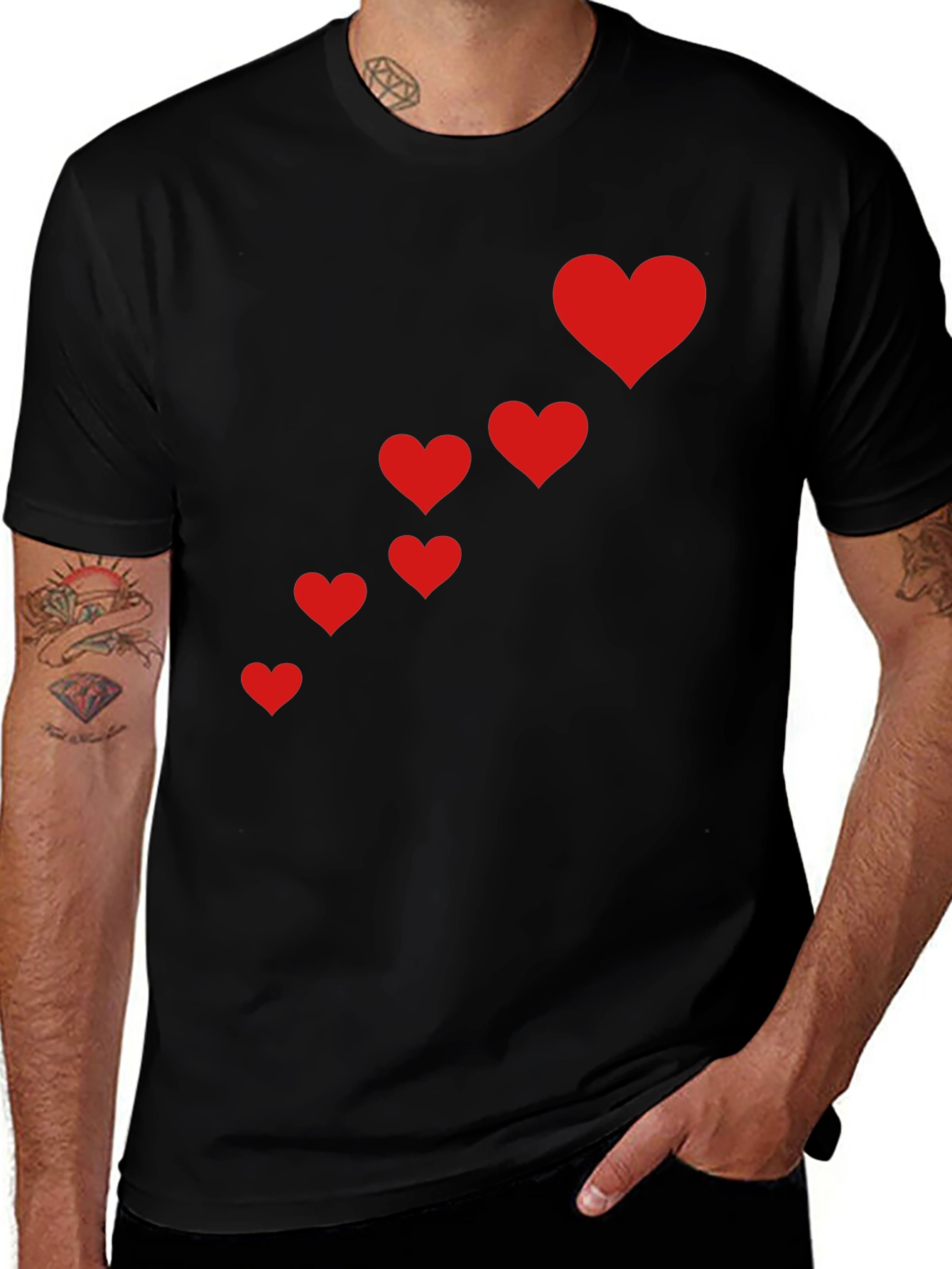 Black T-Shirt with Red Heart Cascade Design