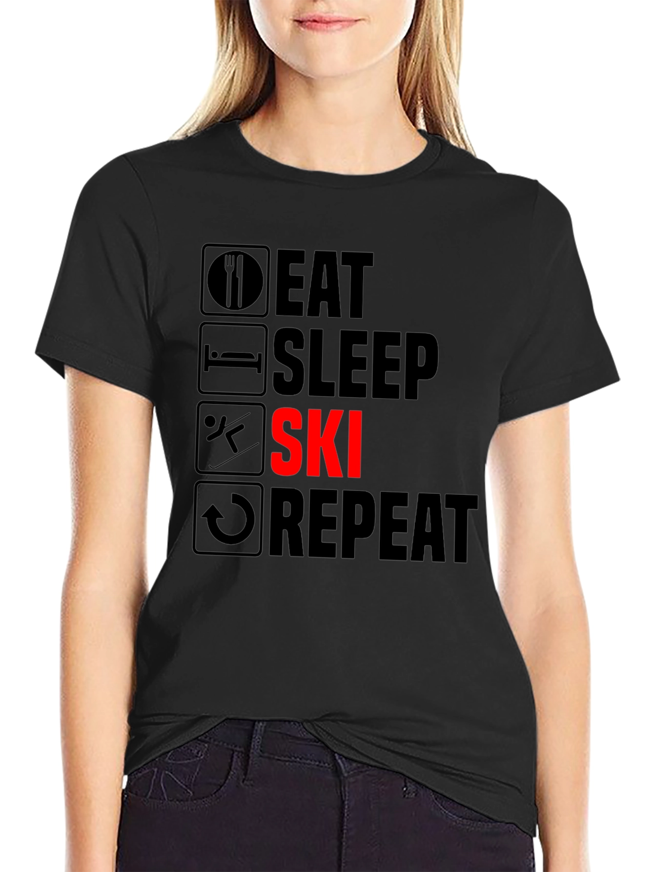 Eat Sleep Ski Repeat T-Shirt - Black Graphic Tee