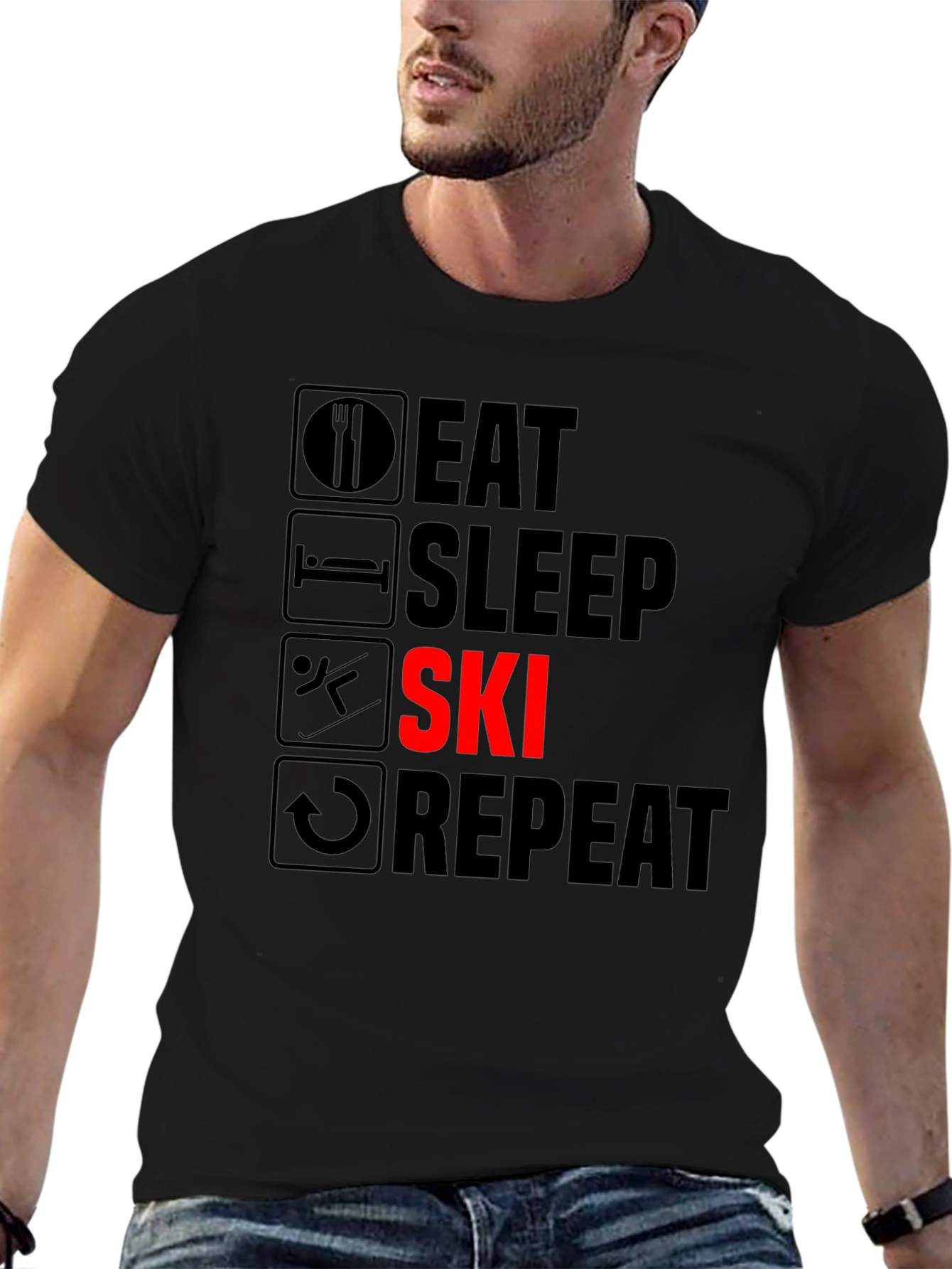 Eat Sleep Ski Repeat T-Shirt - Black Graphic Tee