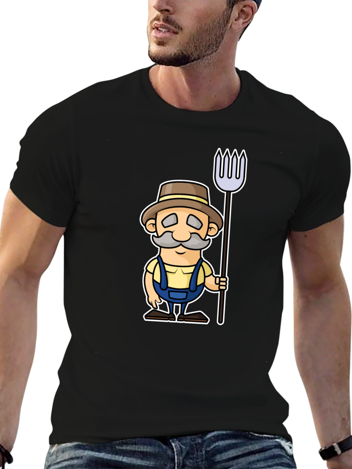 Cartoon Farmer Graphic Black T-Shirt