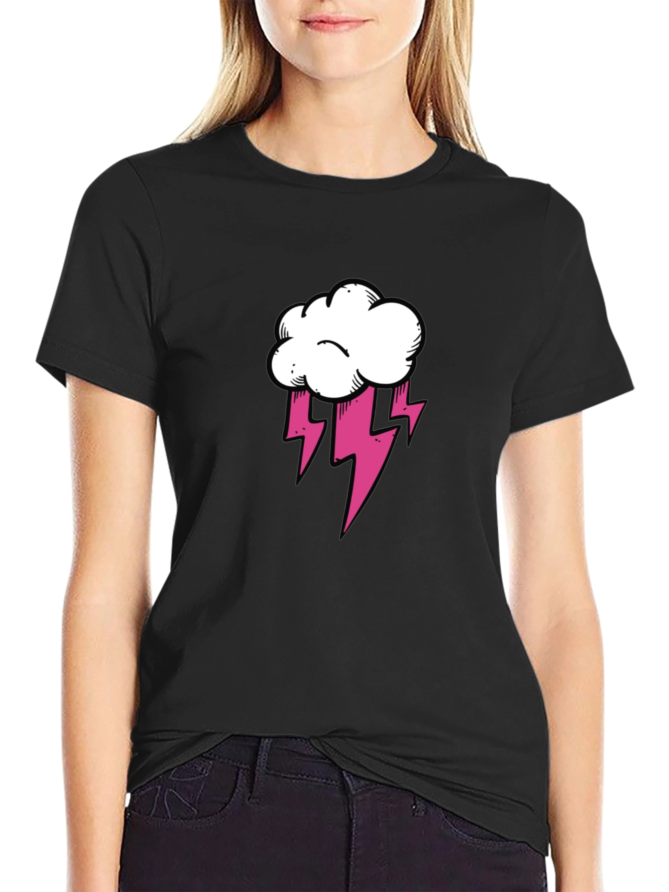 Black T-Shirt with Cloud and Lightning Graphic