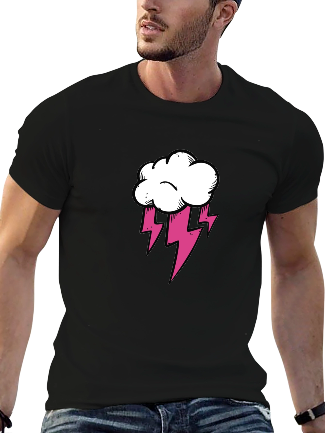 Black T-Shirt with Cloud and Lightning Graphic