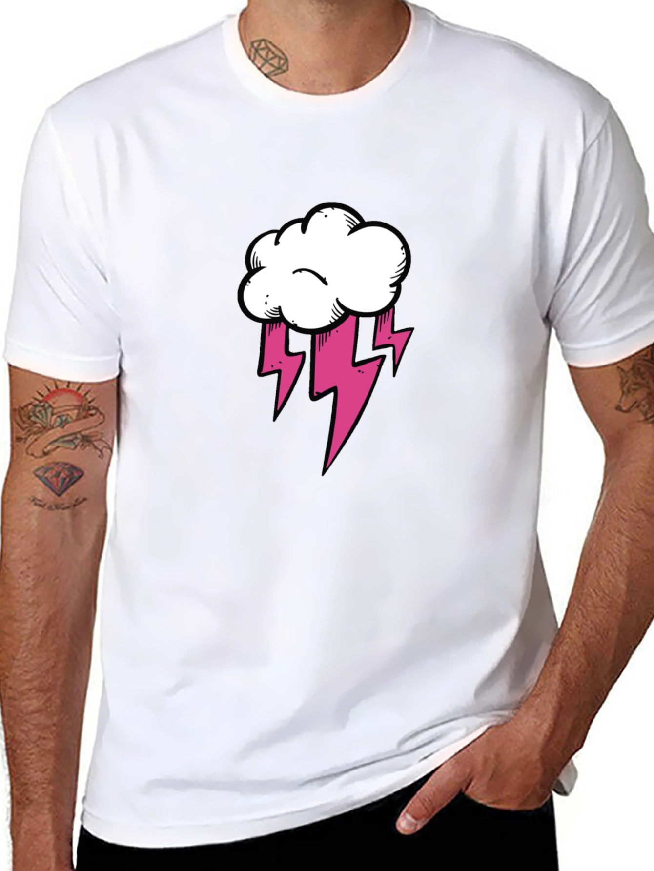 Black T-Shirt with Cloud and Lightning Graphic