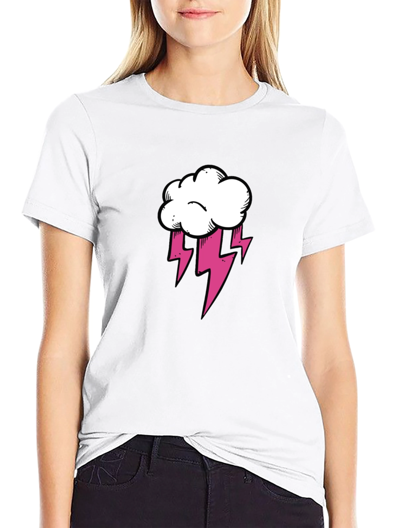 Black T-Shirt with Cloud and Lightning Graphic