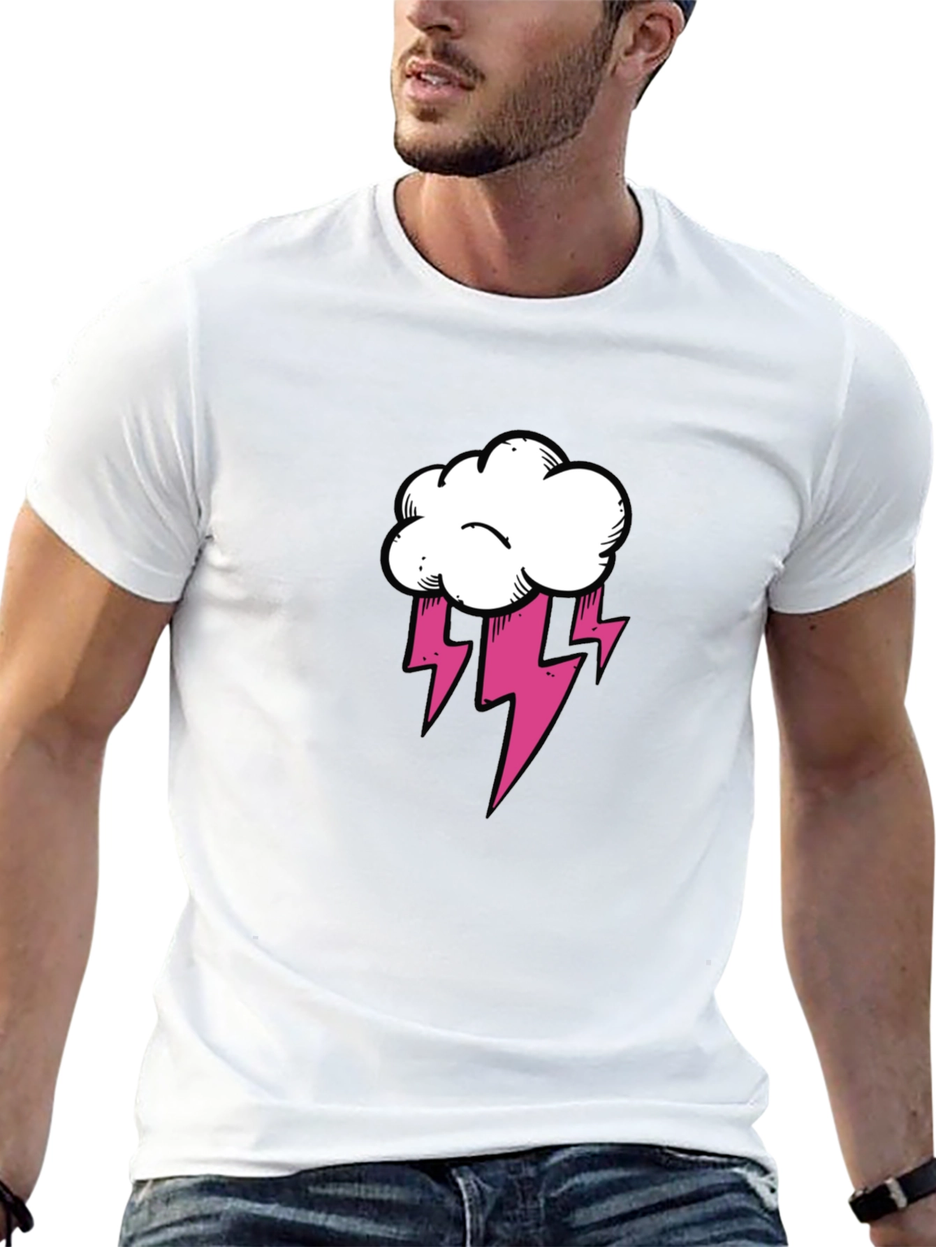 Black T-Shirt with Cloud and Lightning Graphic