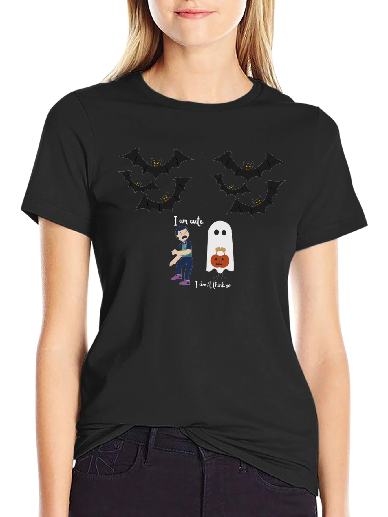 Halloween Ghost & Bats Graphic Black T-Shirt
