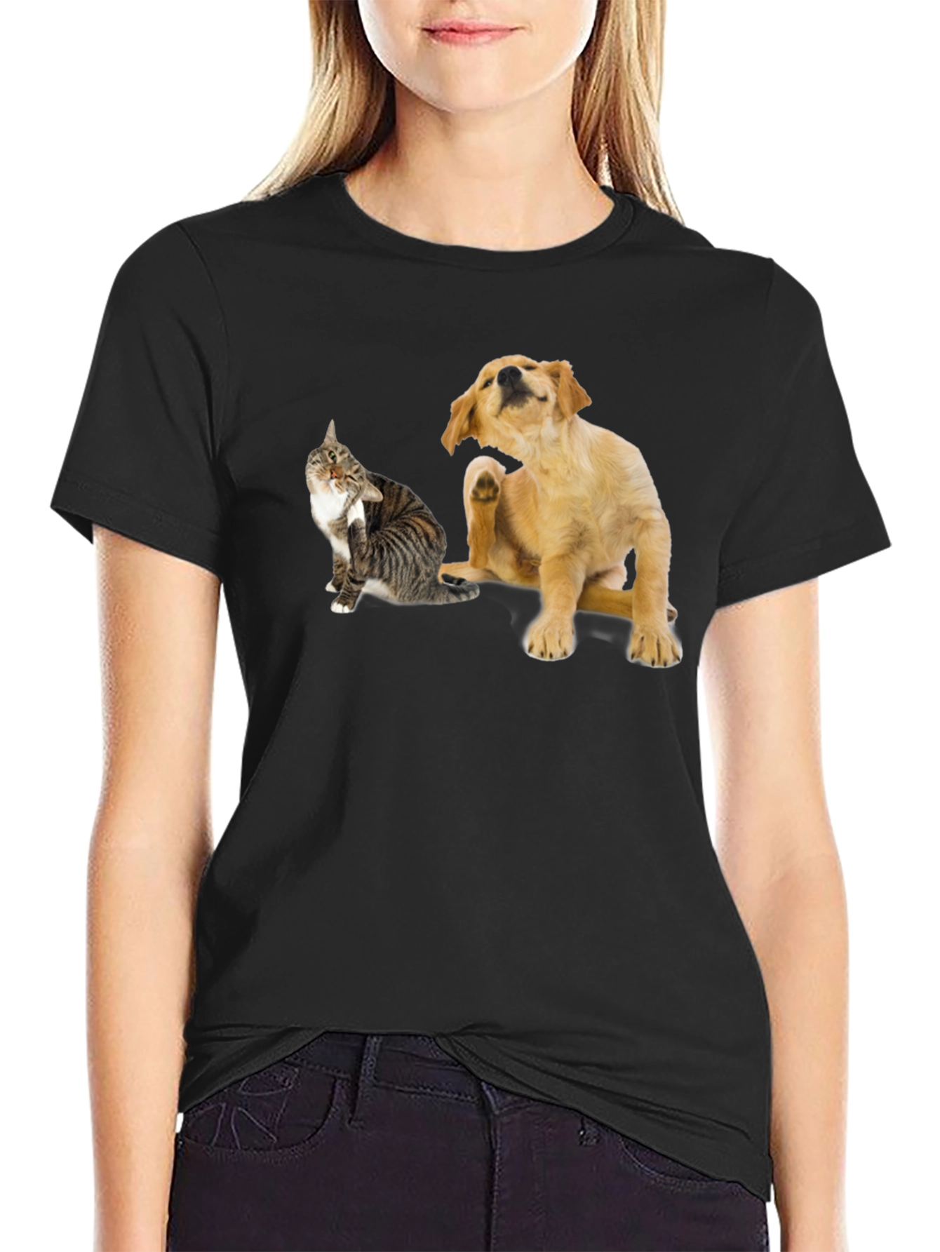 Dog & Cat Scratching Black T-Shirt