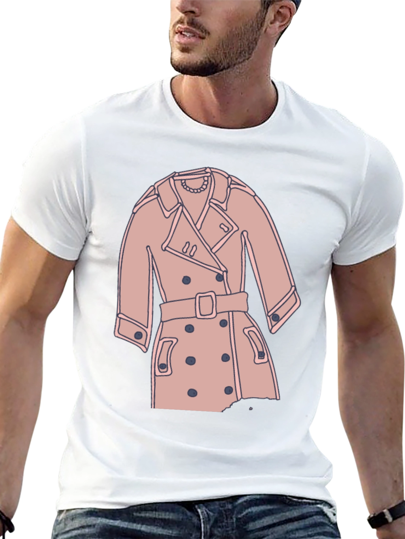 Stylish Trench Coat Graphic Tee - Casual Black T-Shirt