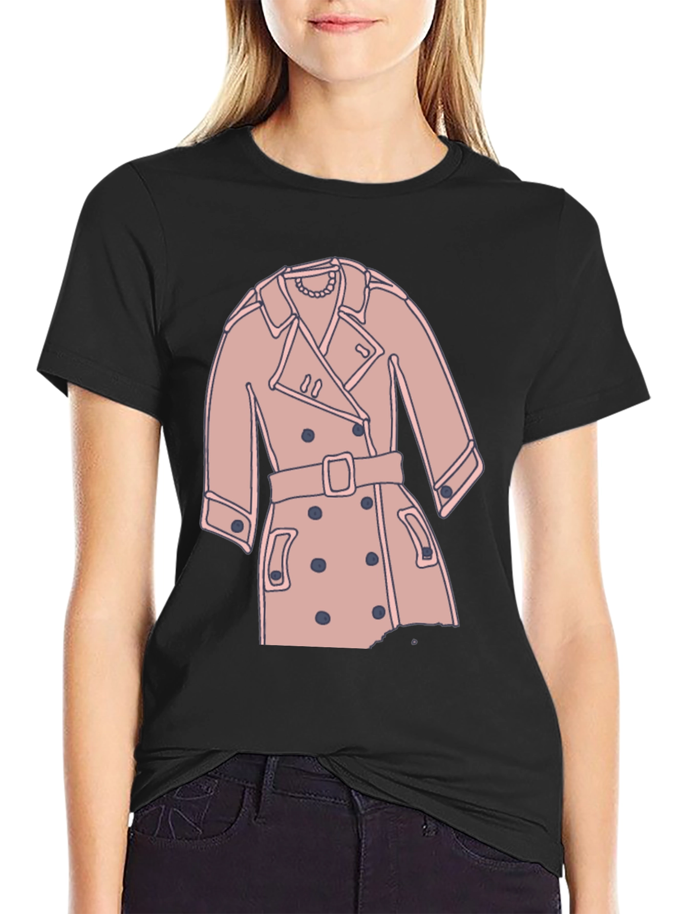Stylish Trench Coat Graphic Tee - Casual Black T-Shirt