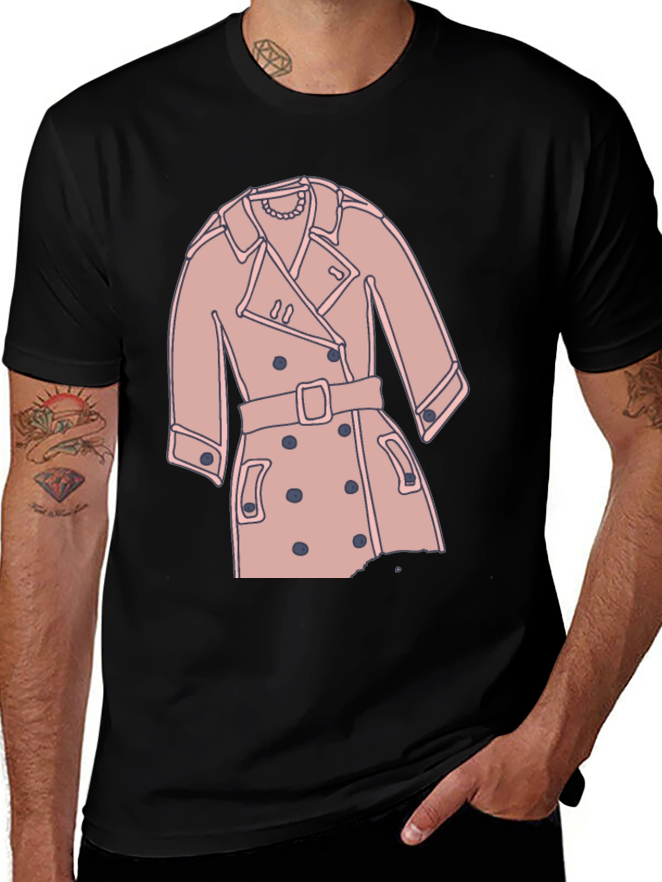 Stylish Trench Coat Graphic Tee - Casual Black T-Shirt