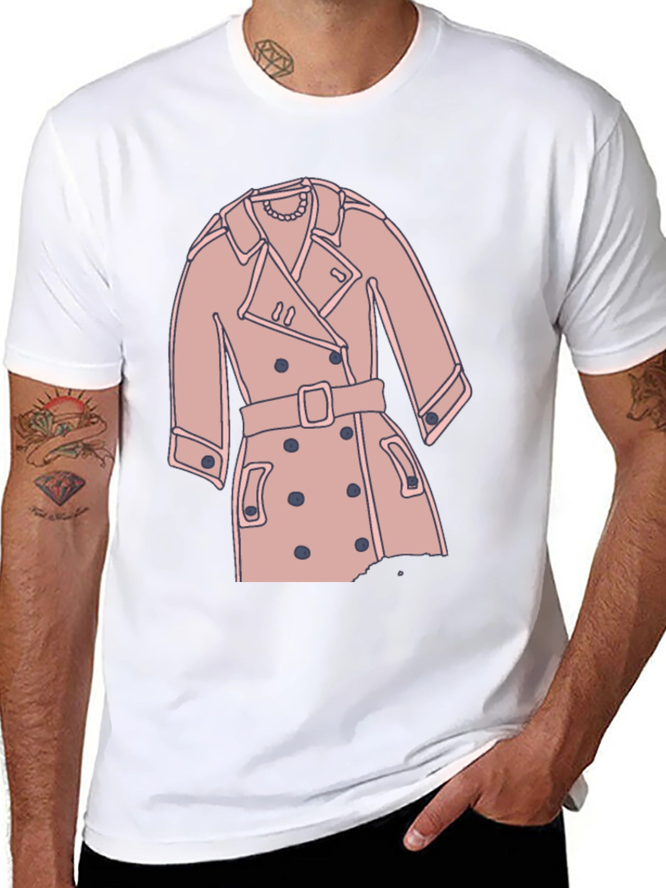 Stylish Trench Coat Graphic Tee - Casual Black T-Shirt