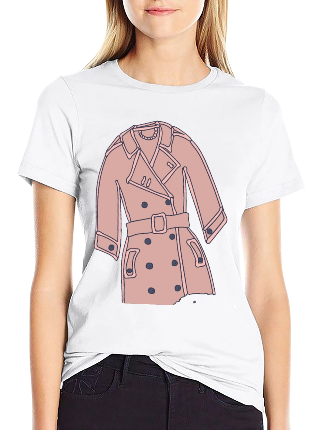 Stylish Trench Coat Graphic Tee - Casual Black T-Shirt