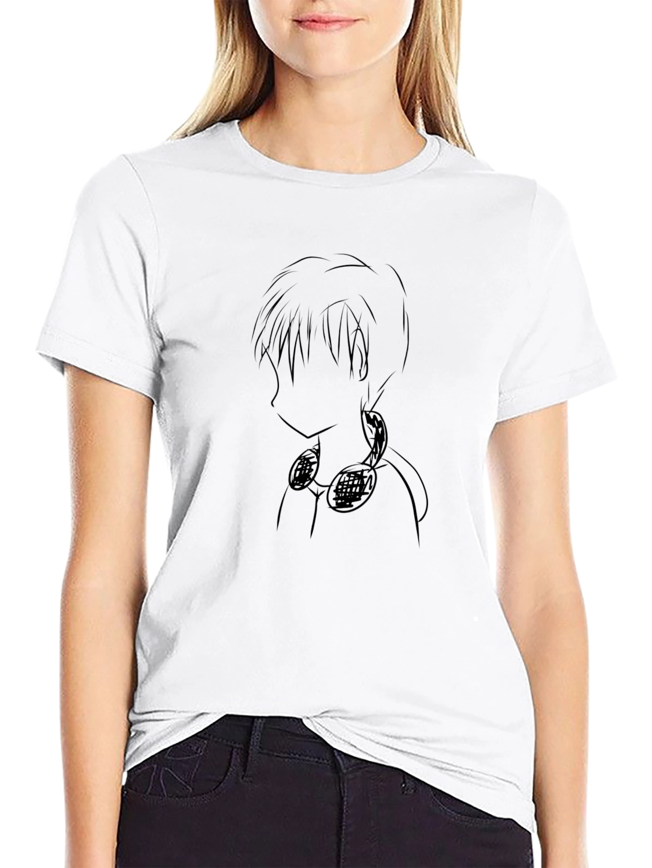 Anime Sketch Graphic Tee - Black Cotton Casual