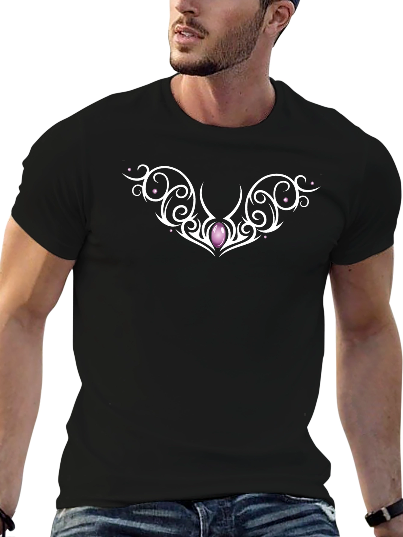 Elegant Black T-Shirt with Ornamental Gem Design