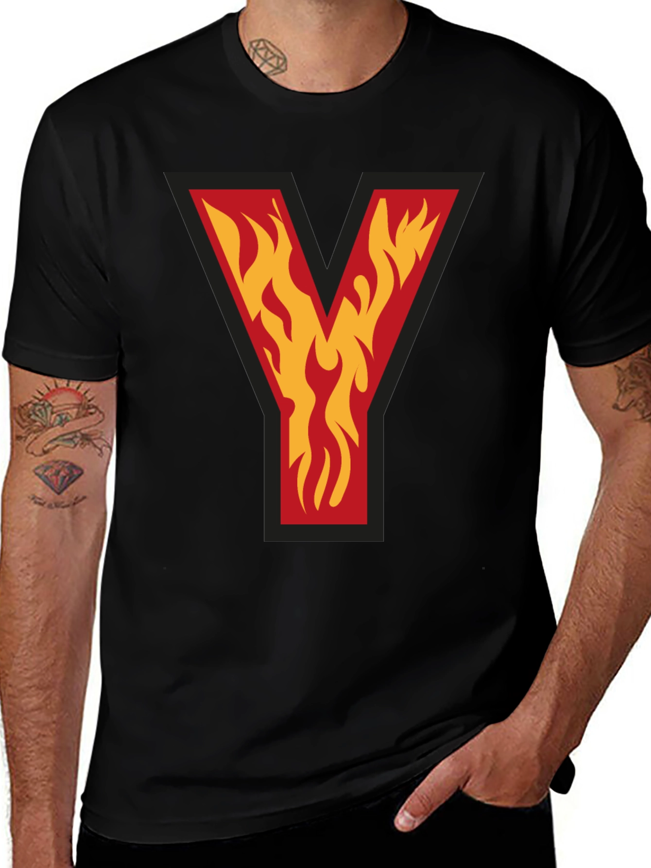 Fiery Initial Y Graphic Tee - Bold Black T-Shirt