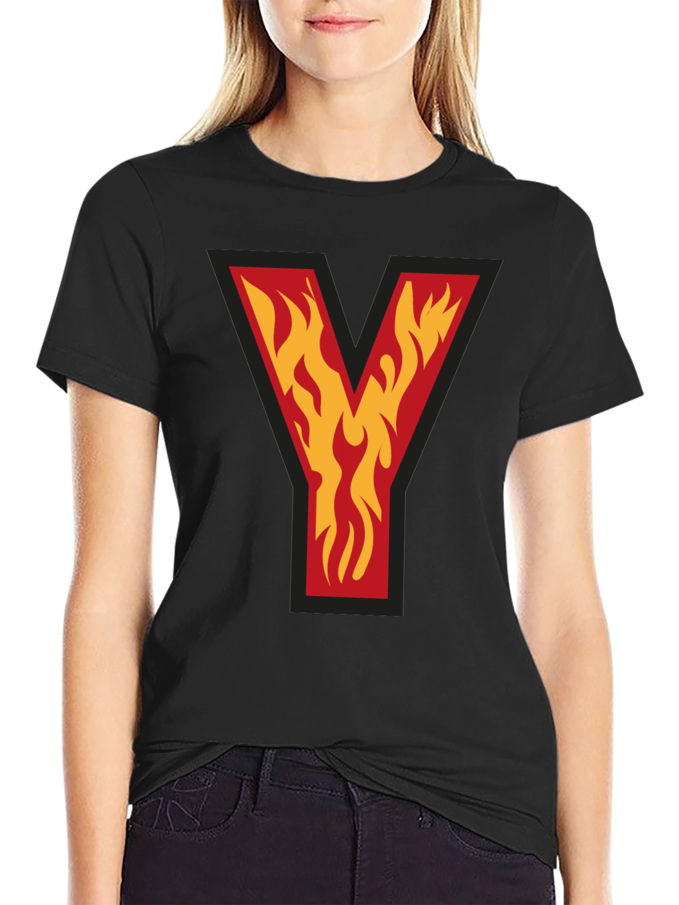 Fiery Initial Y Graphic Tee - Bold Black T-Shirt