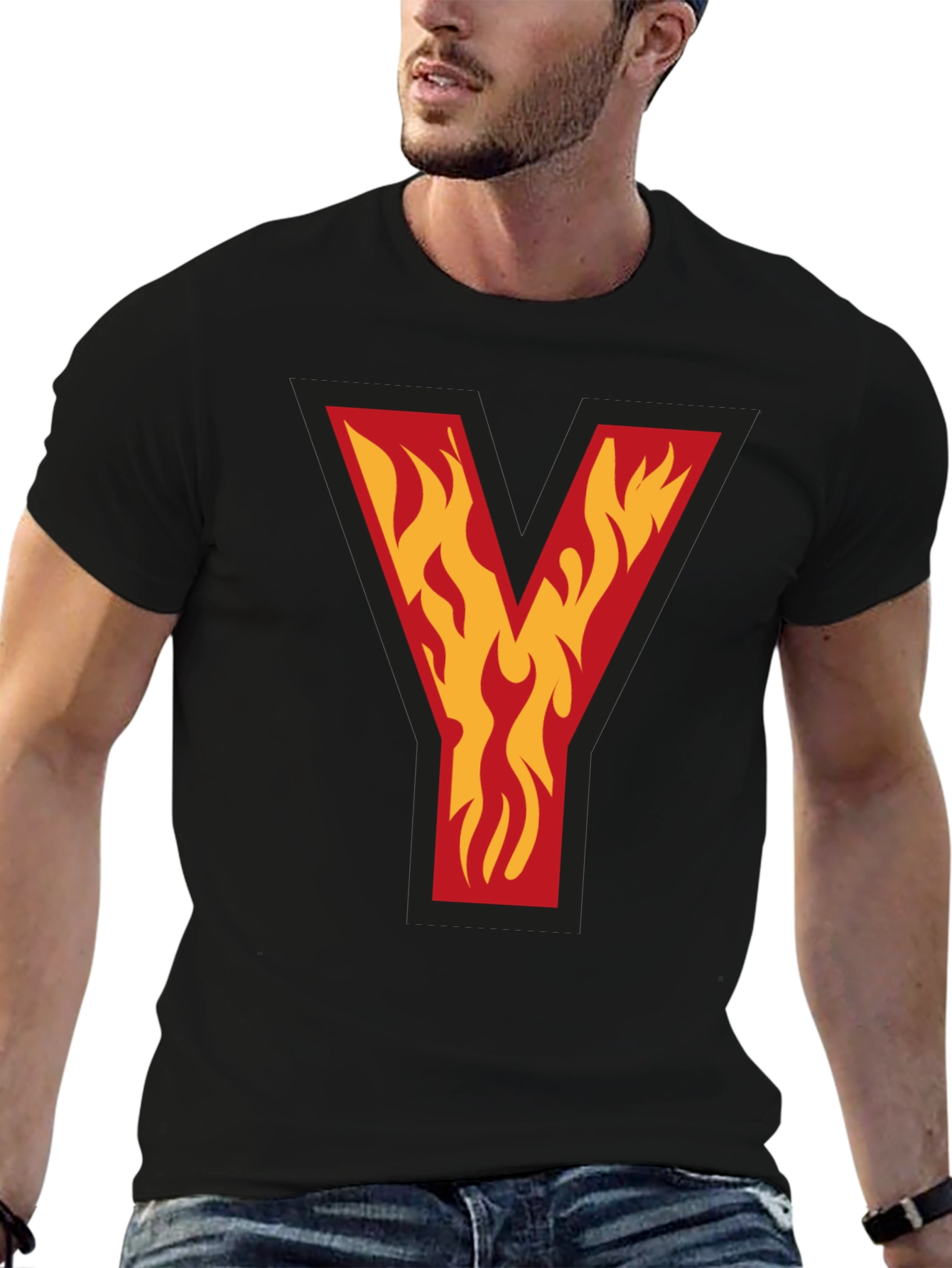 Fiery Initial Y Graphic Tee - Bold Black T-Shirt