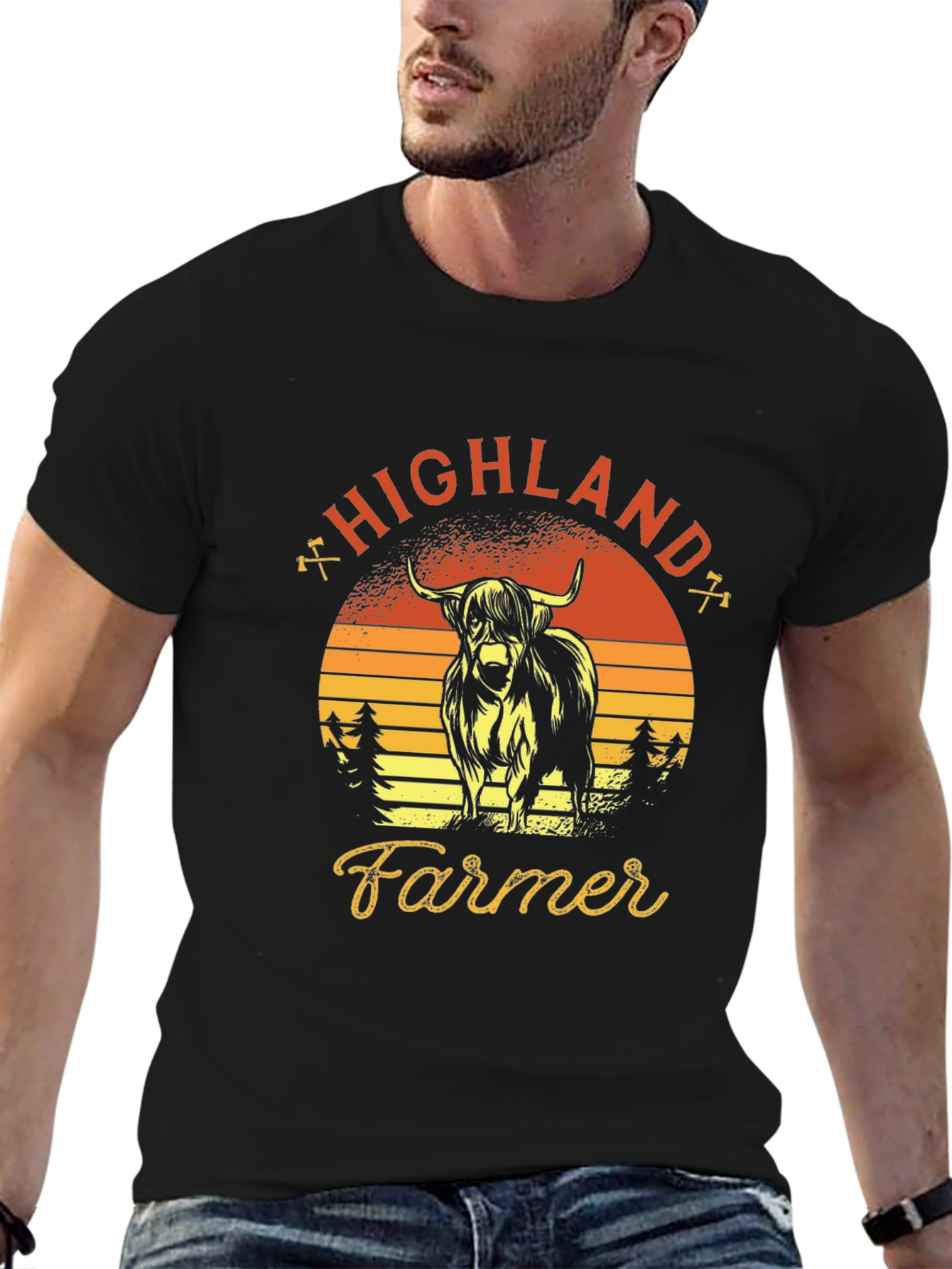 Highland Farmer Graphic Tee - Retro Sunset Design