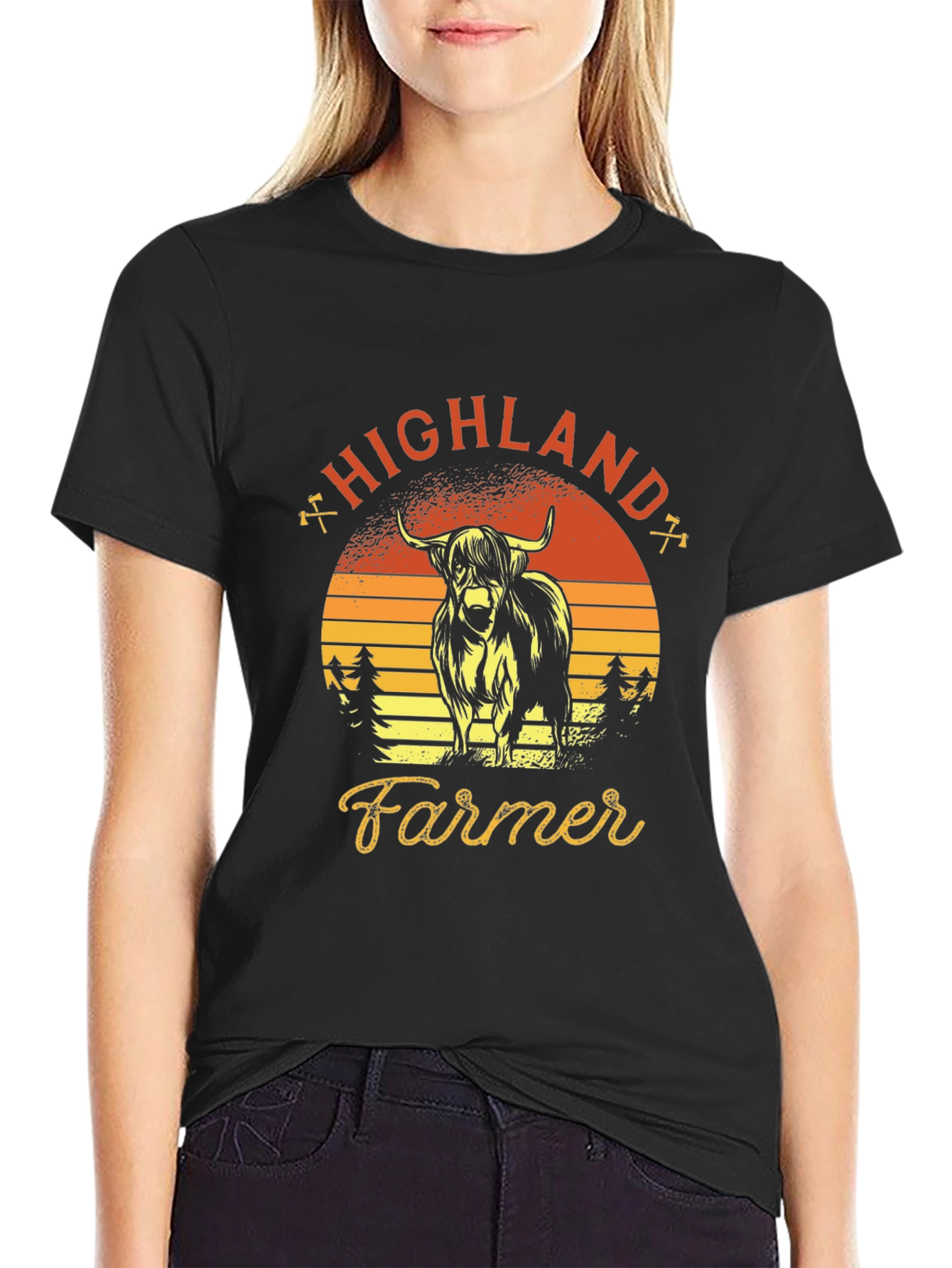 Highland Farmer Graphic Tee - Retro Sunset Design