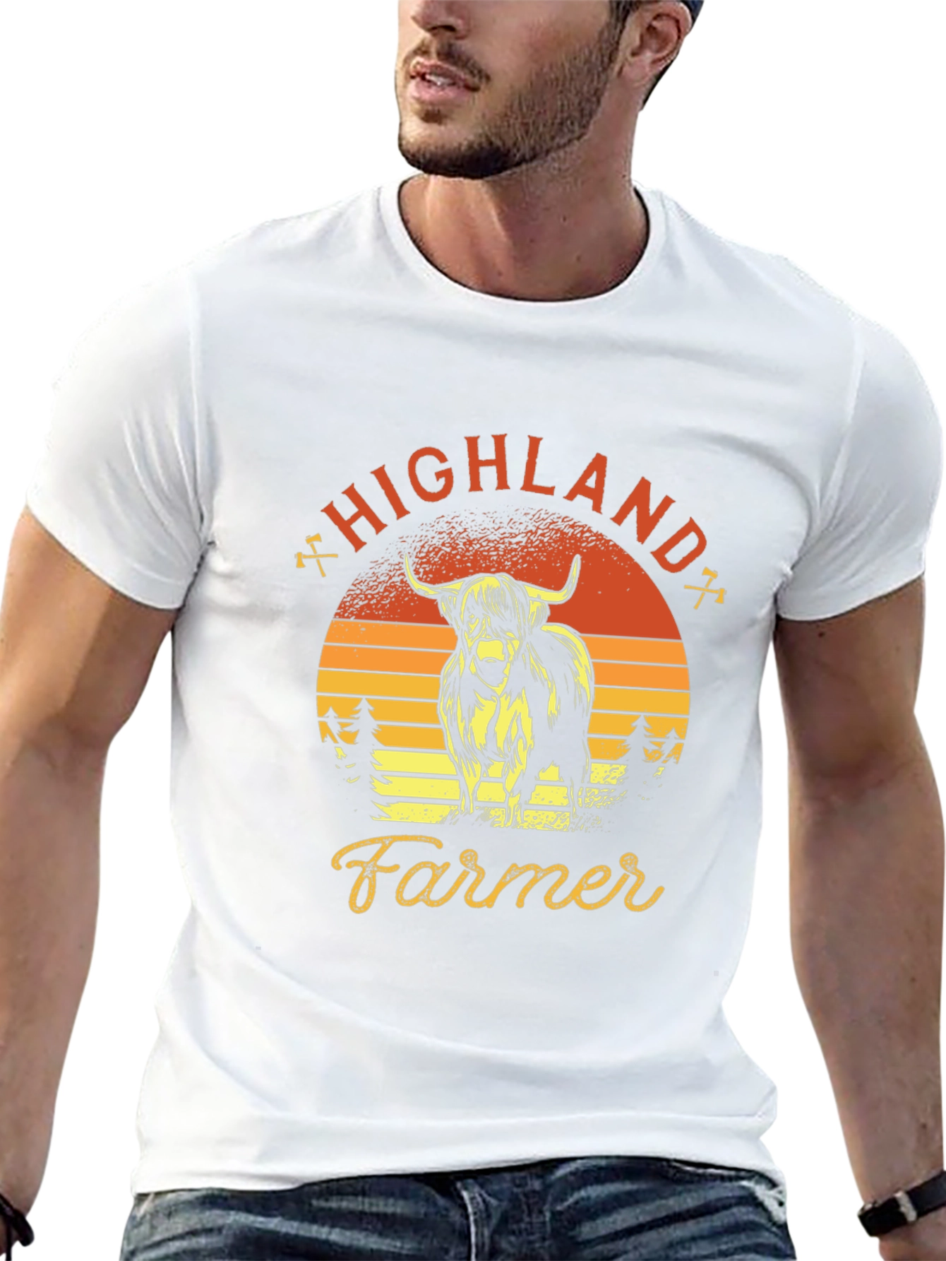 Highland Farmer Graphic Tee - Retro Sunset Design