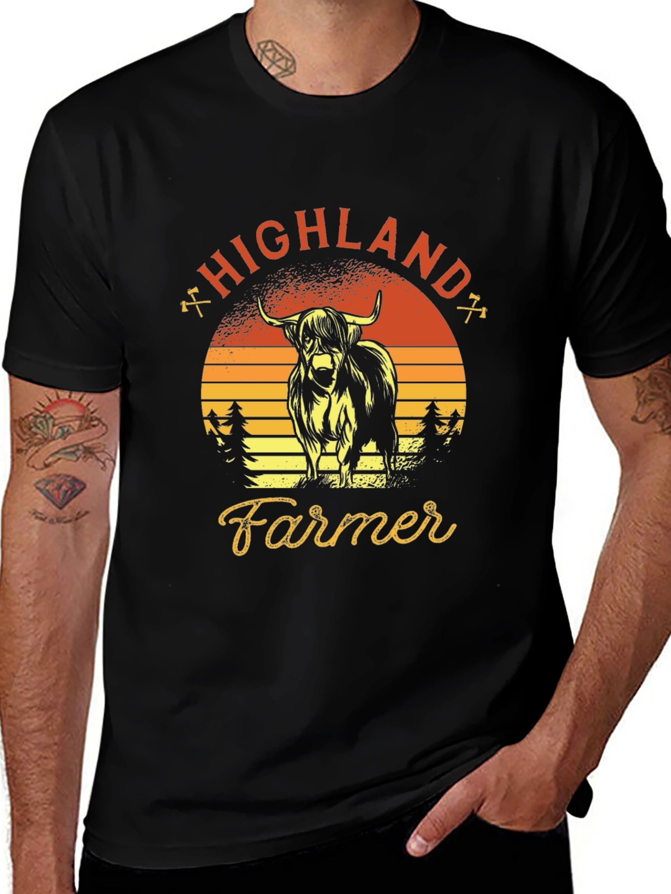 Highland Farmer Graphic Tee - Retro Sunset Design