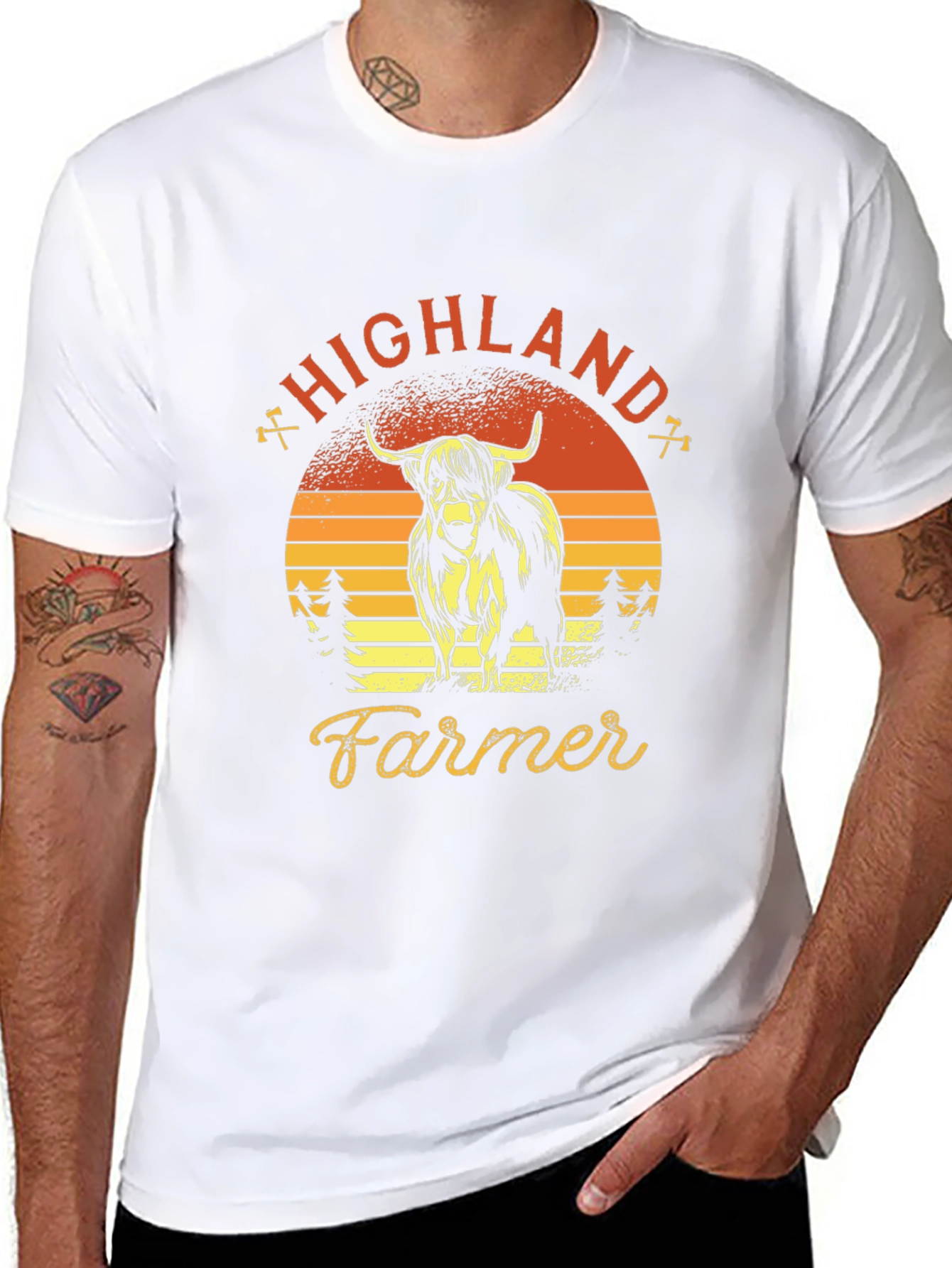 Highland Farmer Graphic Tee - Retro Sunset Design