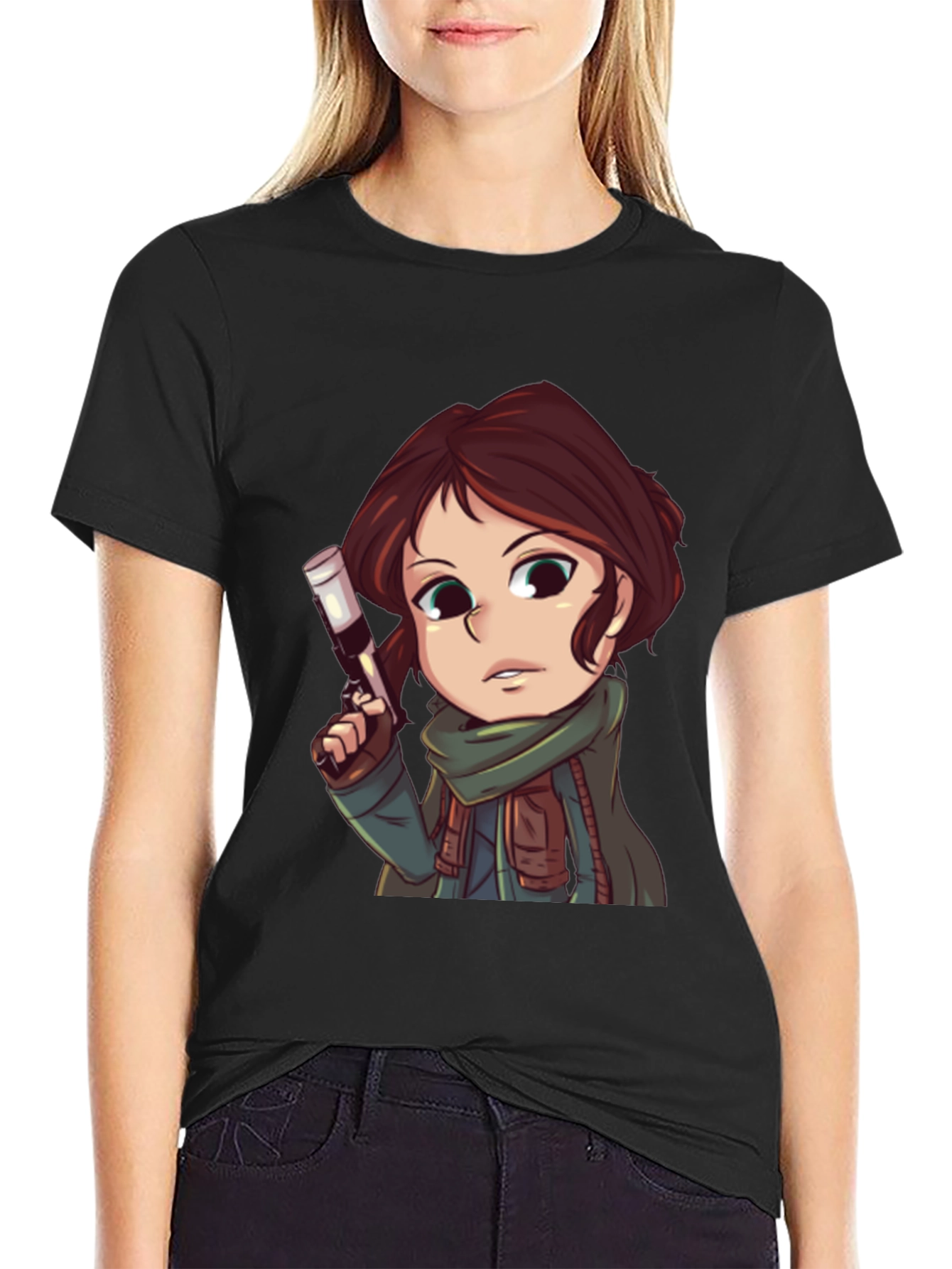 Cartoon Girl with Gun Graphic T-Shirt