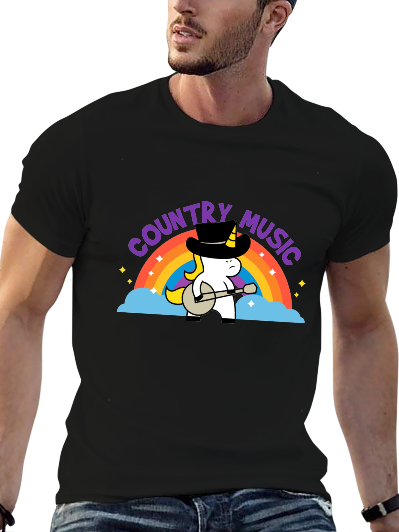 Country Music Unicorn Black T-Shirt